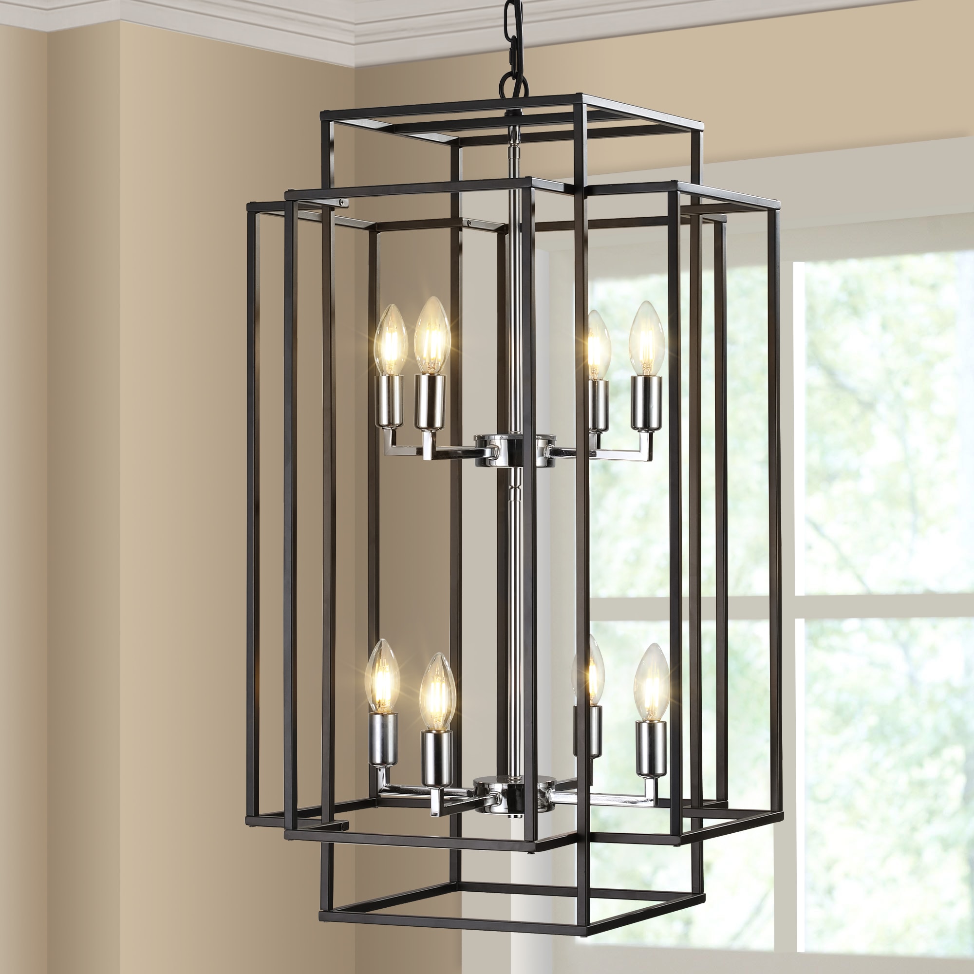 LOVMOR 18 inch Modern 8 Light Black and Chrome Geometric Pendant Chandelier Industrial Metal Frame Adjustable Hanging Light(No Bulbs)