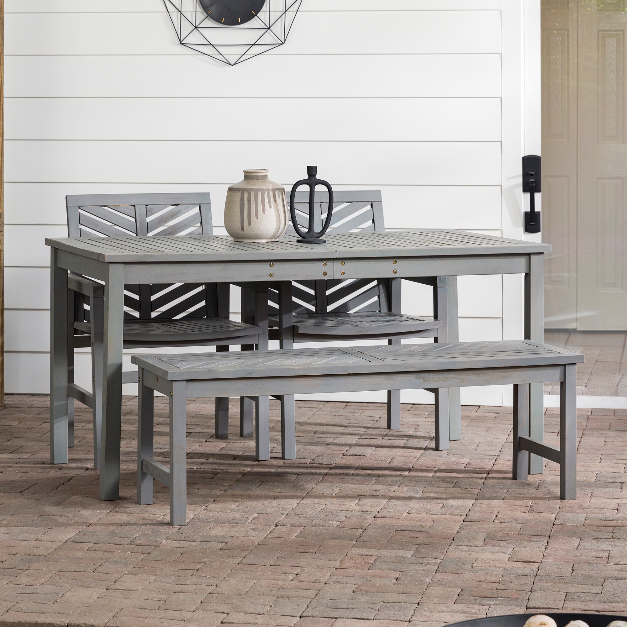 Walker Edison LWW4DGVINGW 4 -Piece Grey Wash Patio Dining Set Wood Rectangle Table with 2 Stationary Chairs