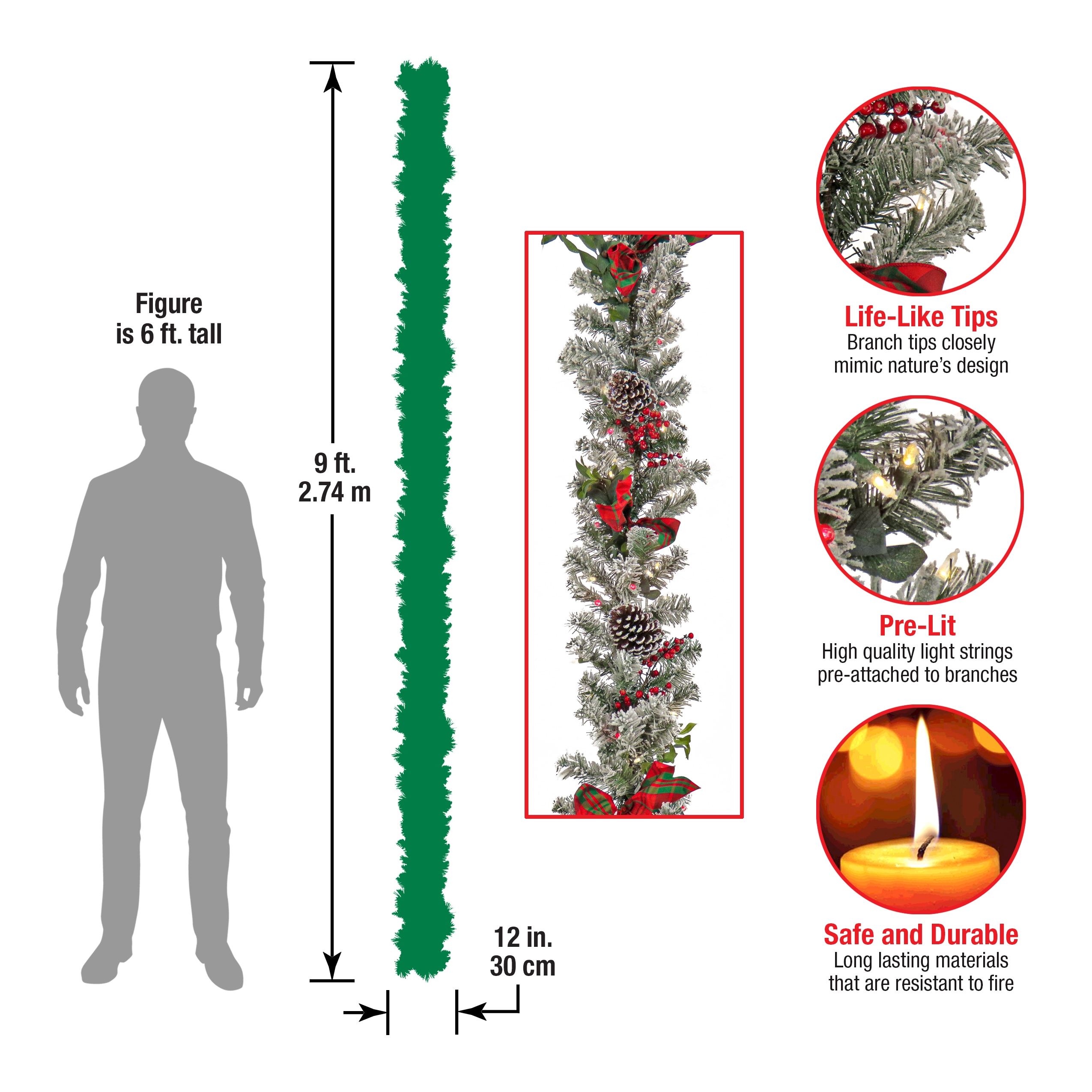 9' Snowy Pine Cone Garland with LED Lights and Bows