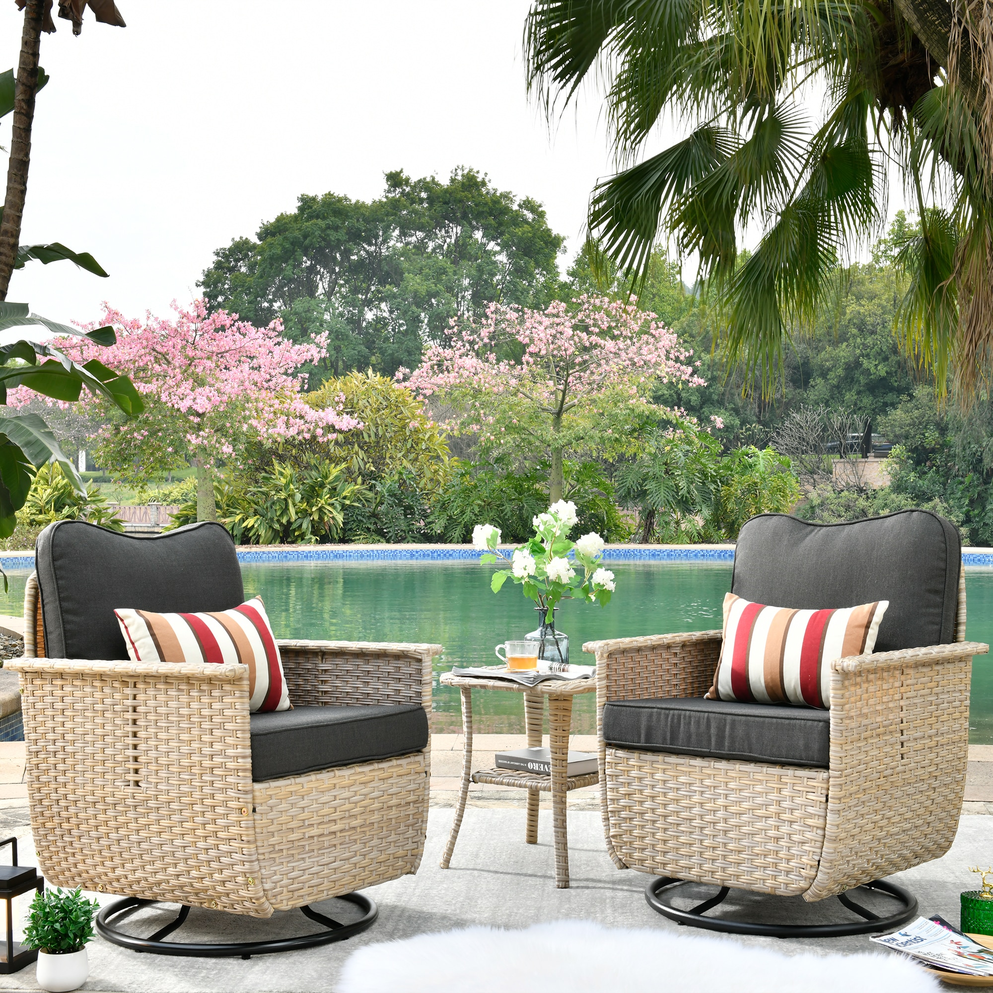 XIZZI XIMW102-3RC Artemis Set of 2 Wicker Natural PE wicker Metal Frame Swivel Rocking Chair with Black Cushioned Seat