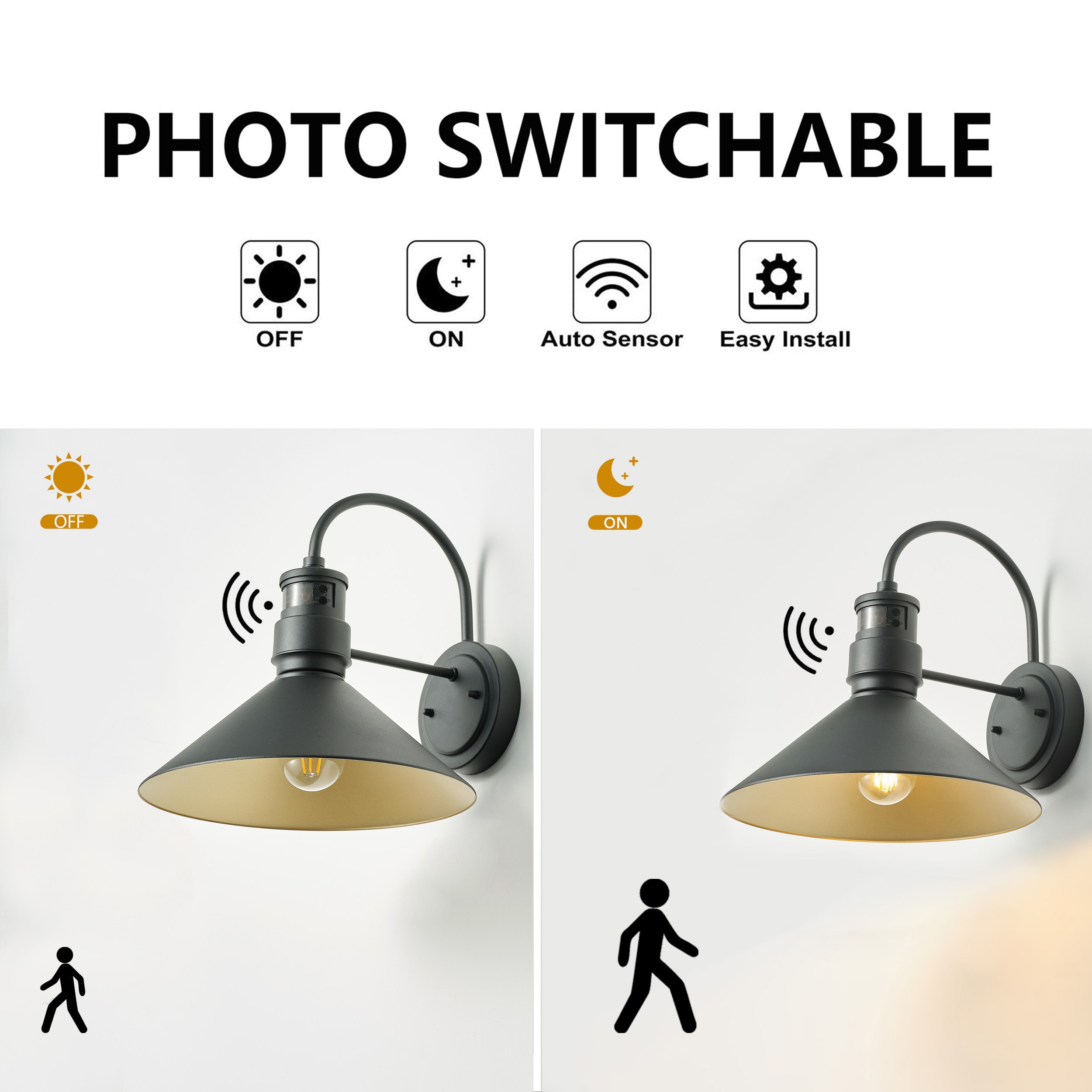 Black Metal Dimmable Motion Sensor Outdoor Wall Sconce