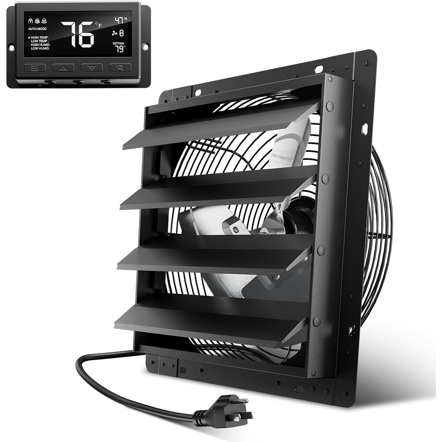 Etokfoks  14 in Wall Mount Attic Fan with Temperature Humidity Controller 10 Speed 1294 CFM EC Motor Aluminum Fan Steel Frame 8 2 ft Cord