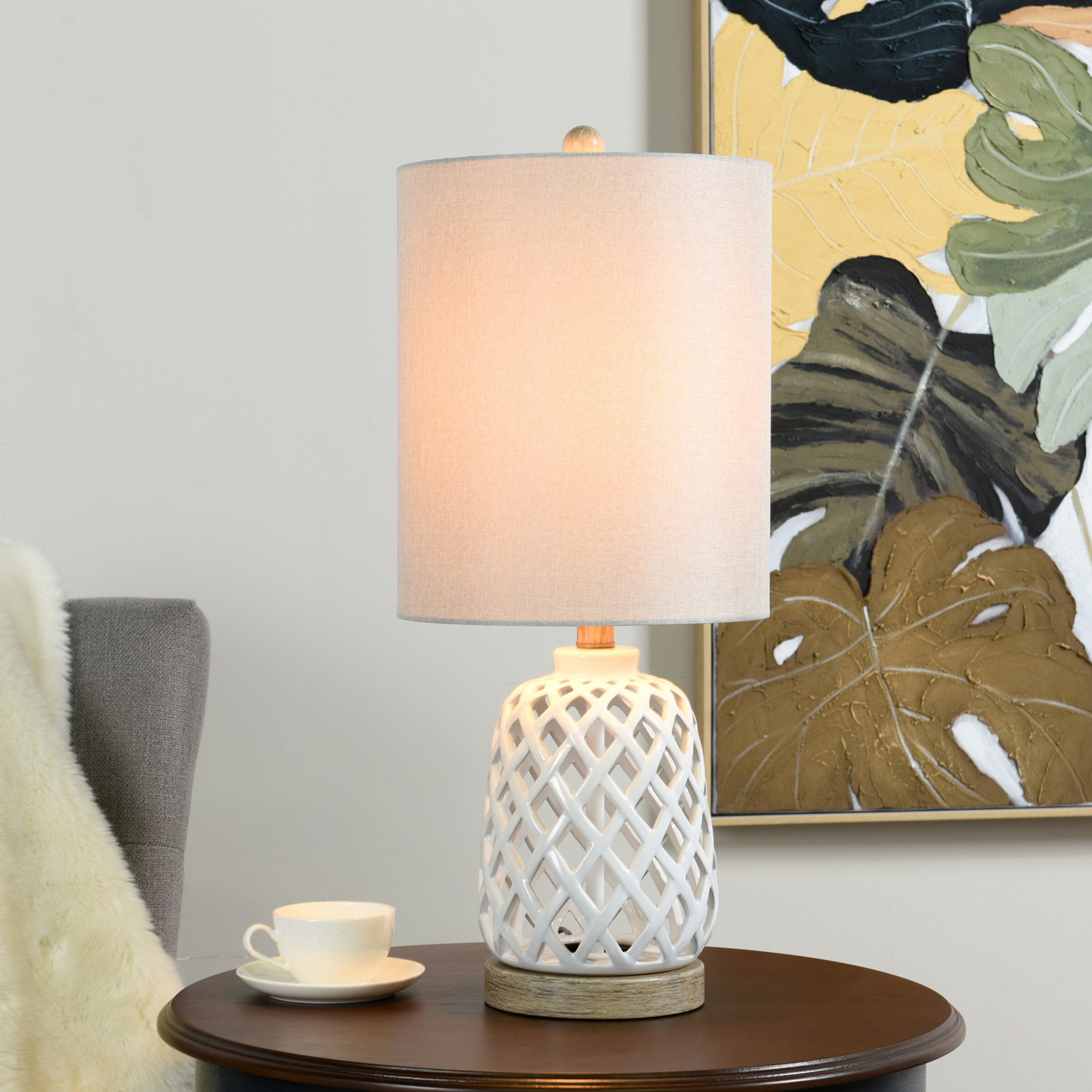 23.3" White Ceramic Table Lamp with Hardback Fabric Shade