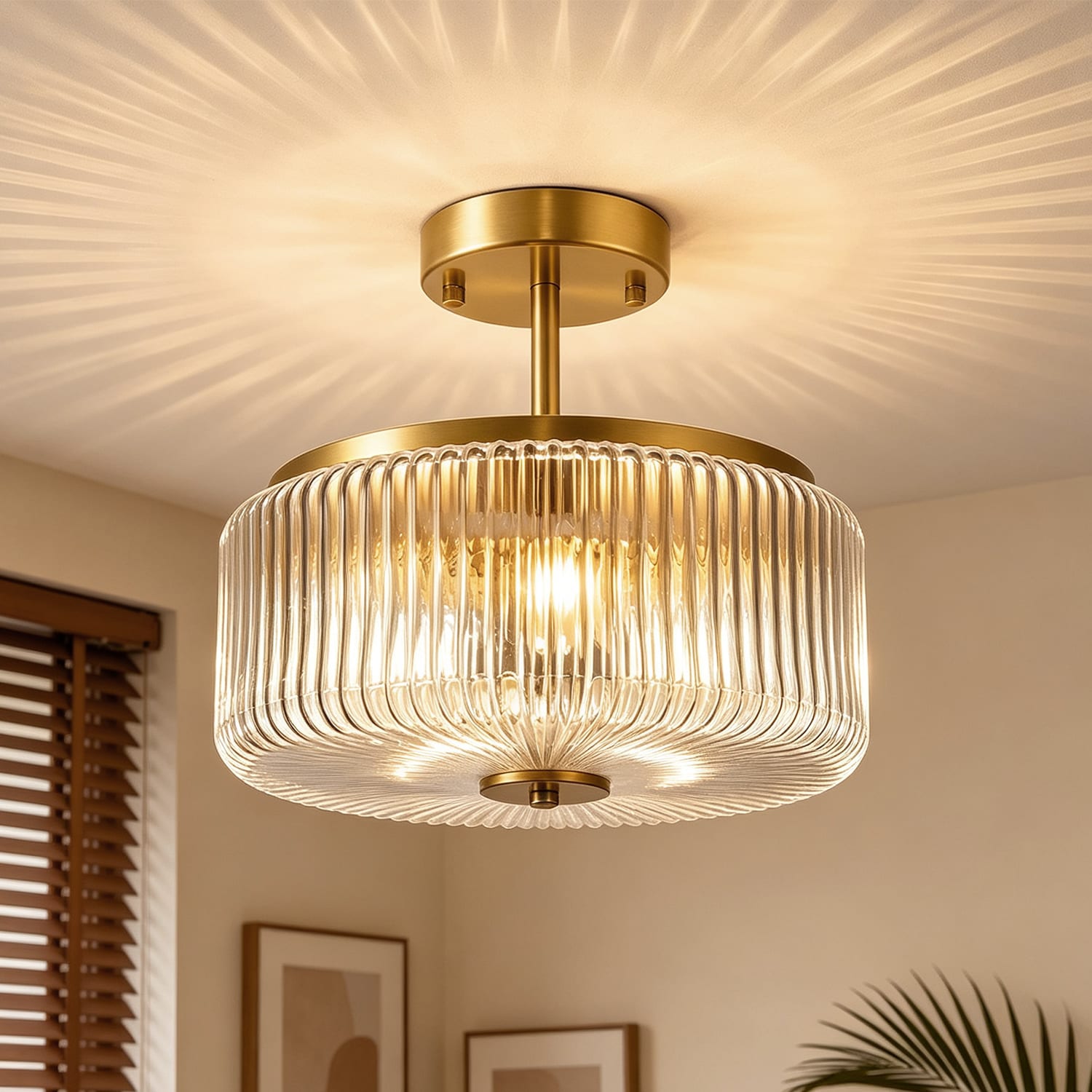 DORESshop 3 Light Polished Brass Flush Mount Ceiling Light with Vertical Ribbed Glass Shades