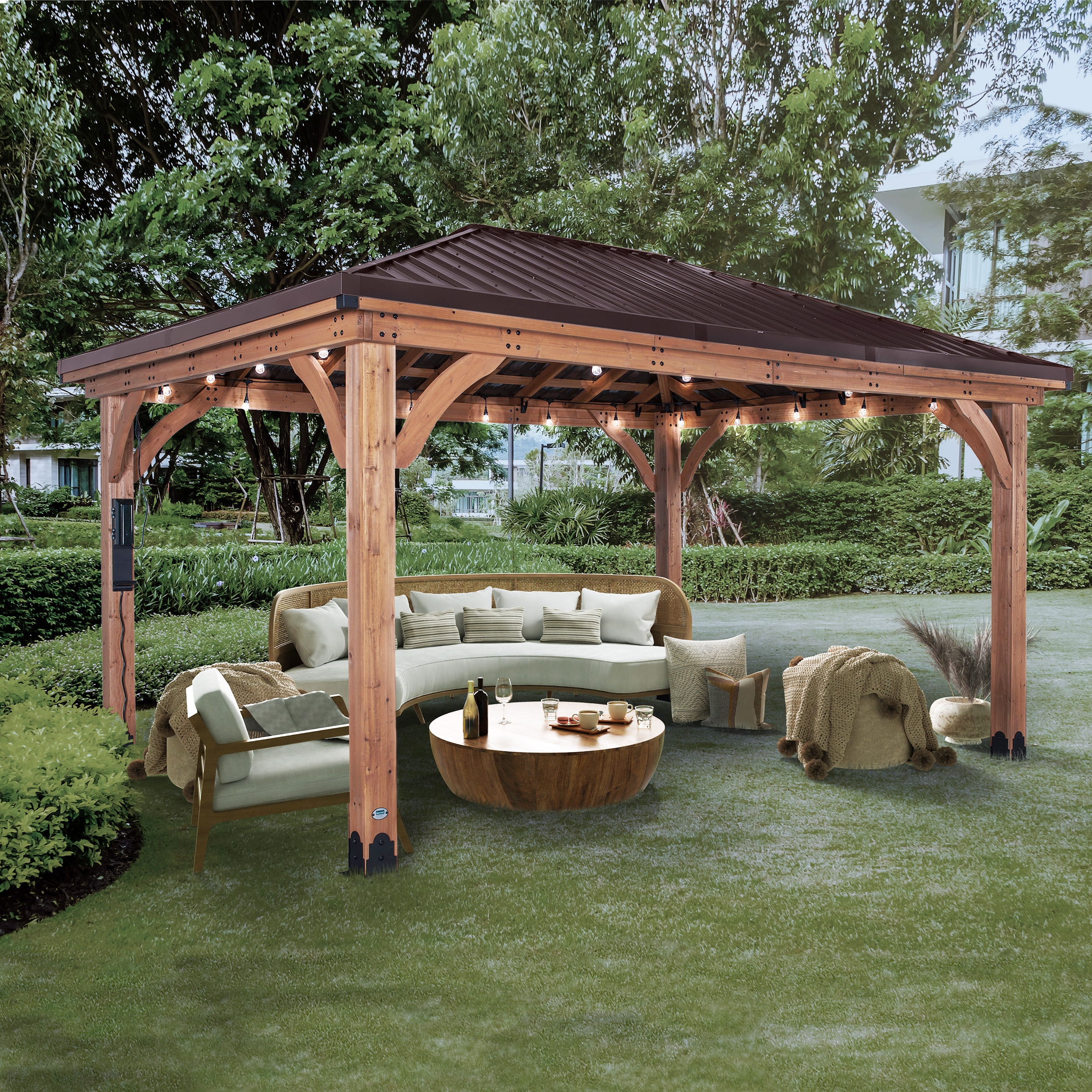 Backyard Discovery 14-ft x 12-ft Barrington Brown Wood Rectangle Gazebo  with Steel Roof in the Gazebos department at 
