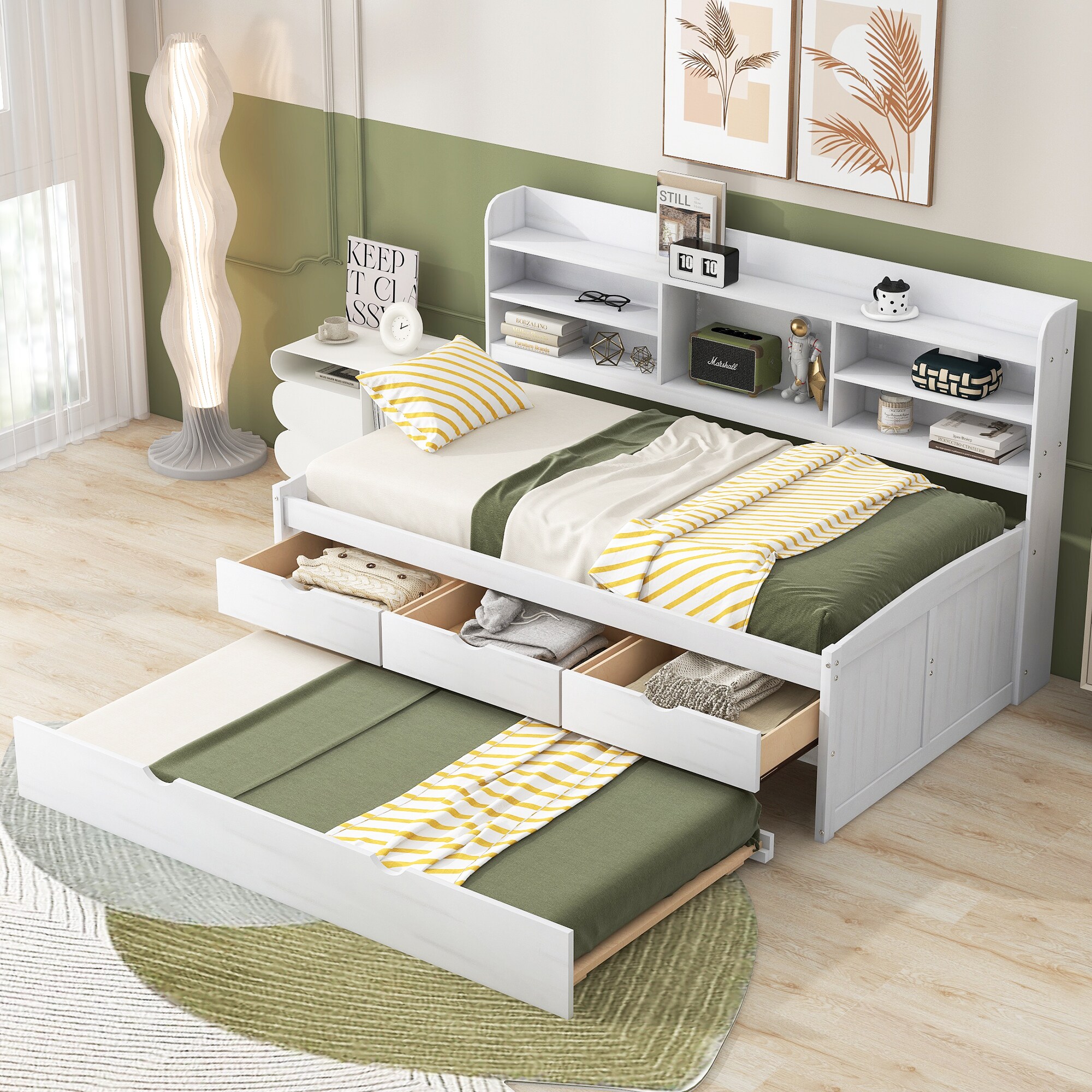 CHITA Twin White Washed Captain's Bed with Pull-Out Trundle and 3 ...