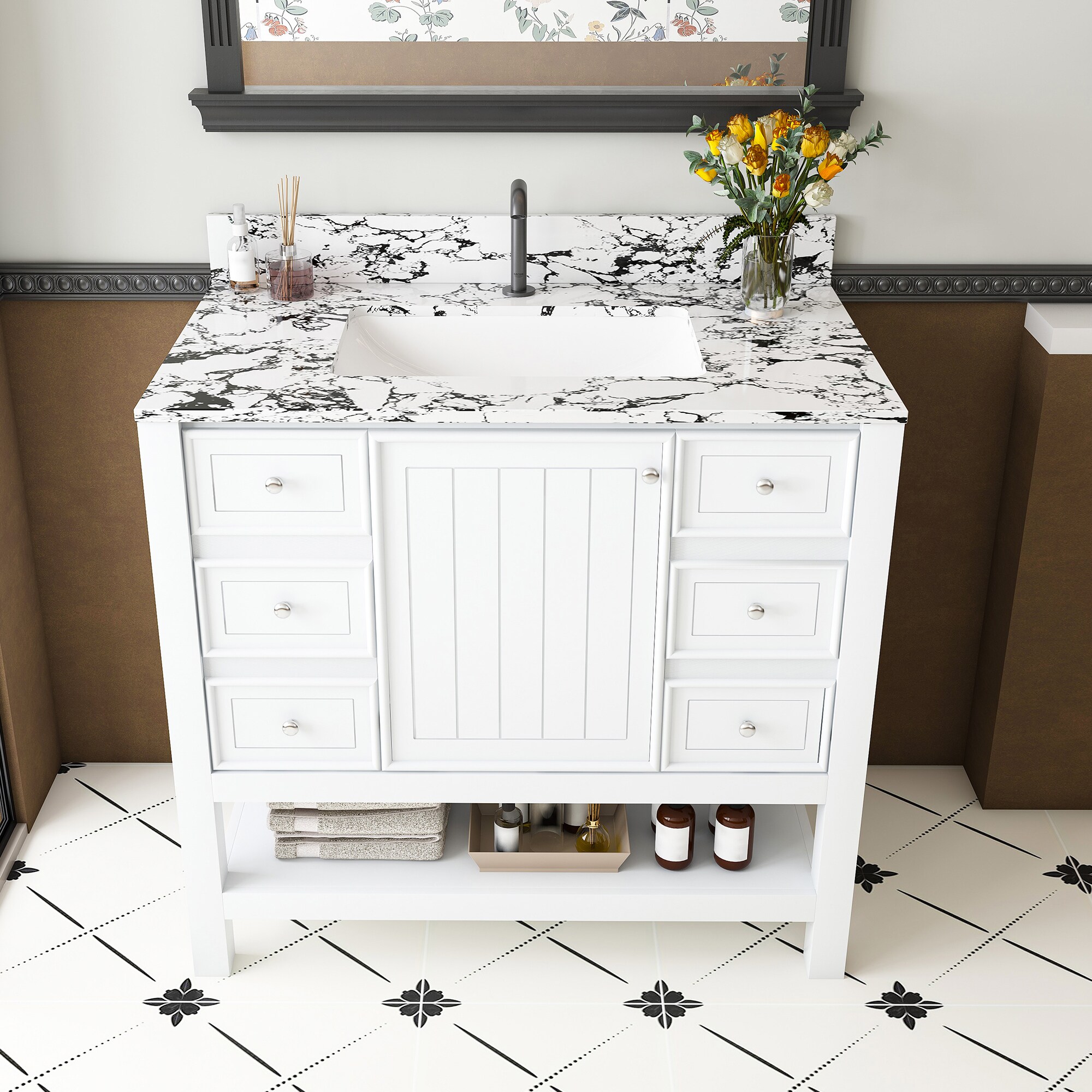 LUXEYARD Modern 37 Bathroom Vanity With White Top Set Multi functional Bathroom Cabinet With Doors And Drawer With 3 Drawers And A Storage Cabinet Solid Frame And MDF Single Faucet Hole