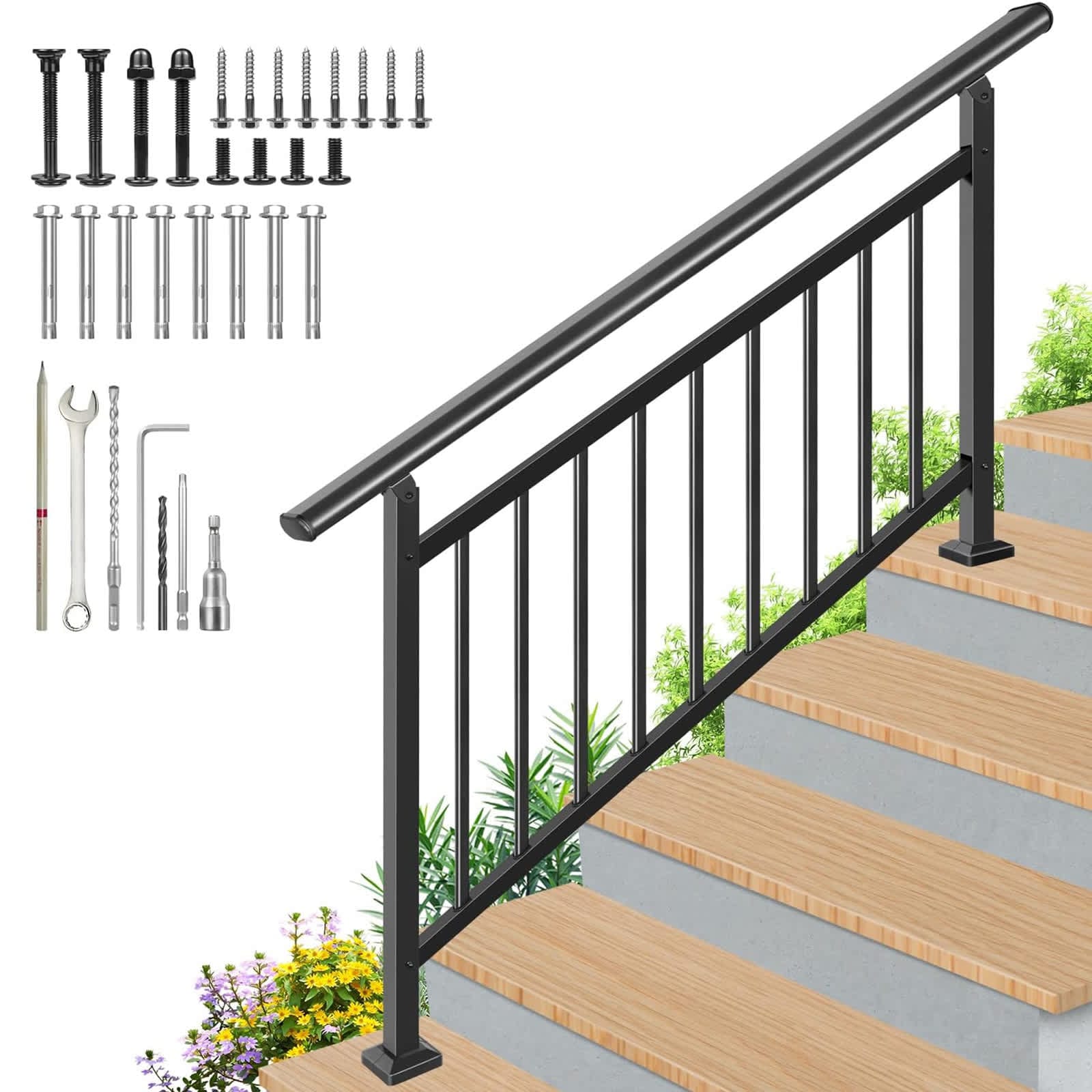 Etokfoks -  Upgrade Adjustable 5 Step Handrail Kit 63 in x 38 in Wrought Iron Stair Railing for I...