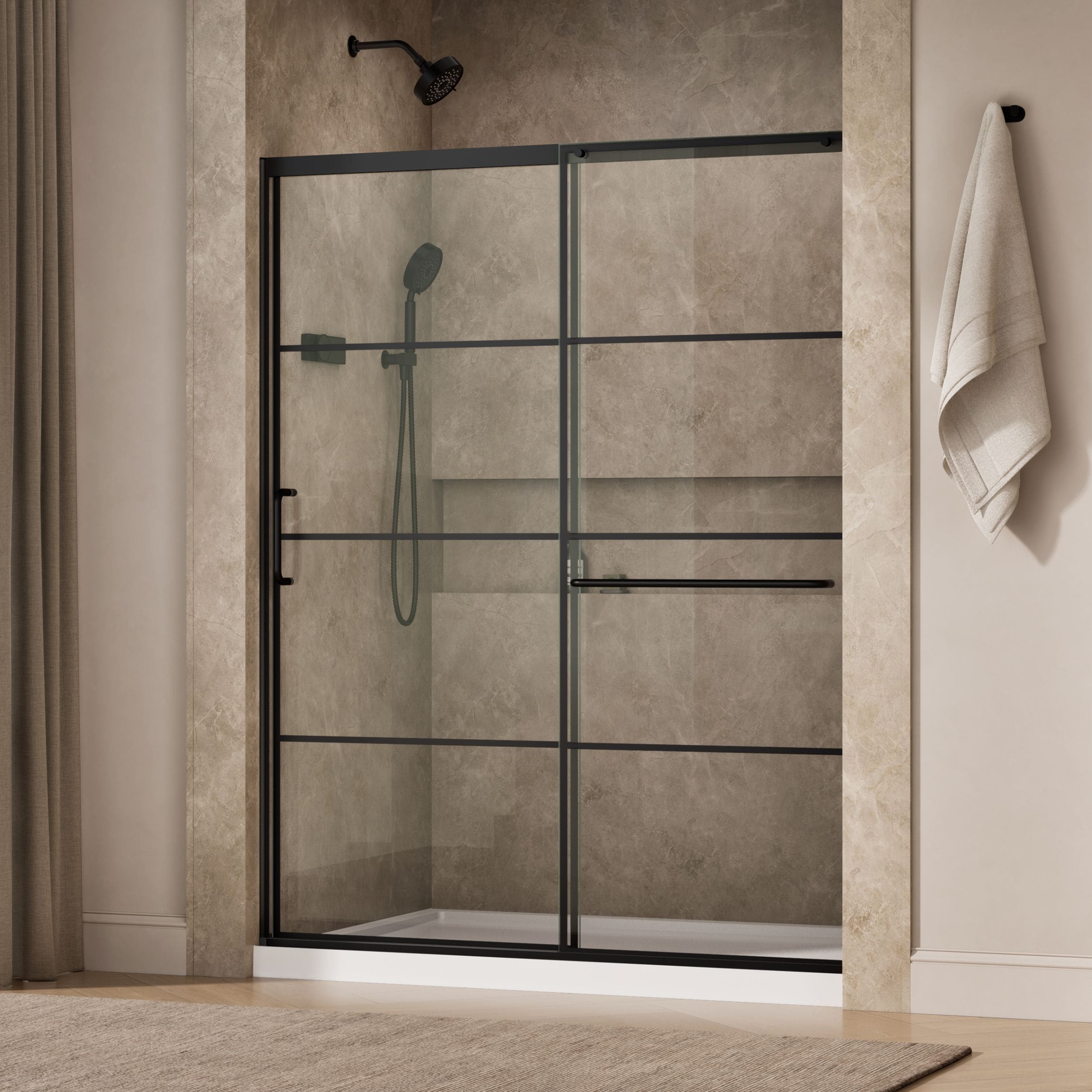 KOHLER Elate Matte Black 1/2-in W x 75.5-in H Framed Clear Glass Sliding Shower door