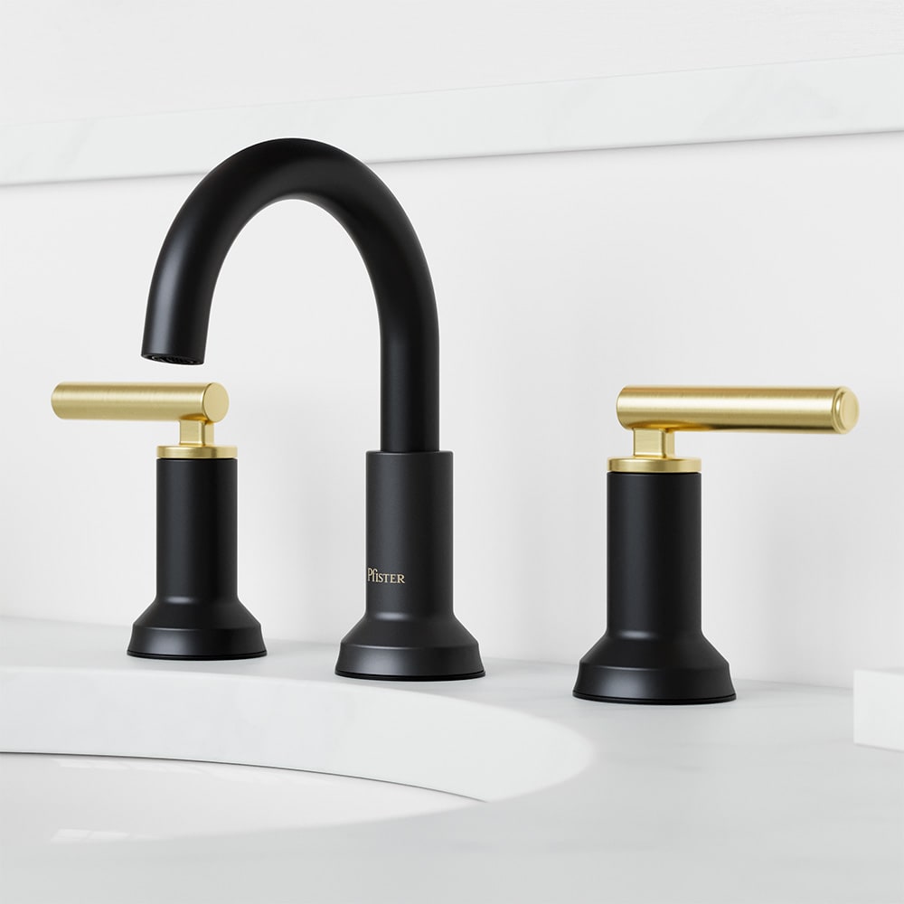 Pfister LF049CSOBBG Capistrano Matte Black and Brushed Gold Widespread 2-handle WaterSense Mid-arc Residential Handle Bathroom Sink Faucet with Drain
