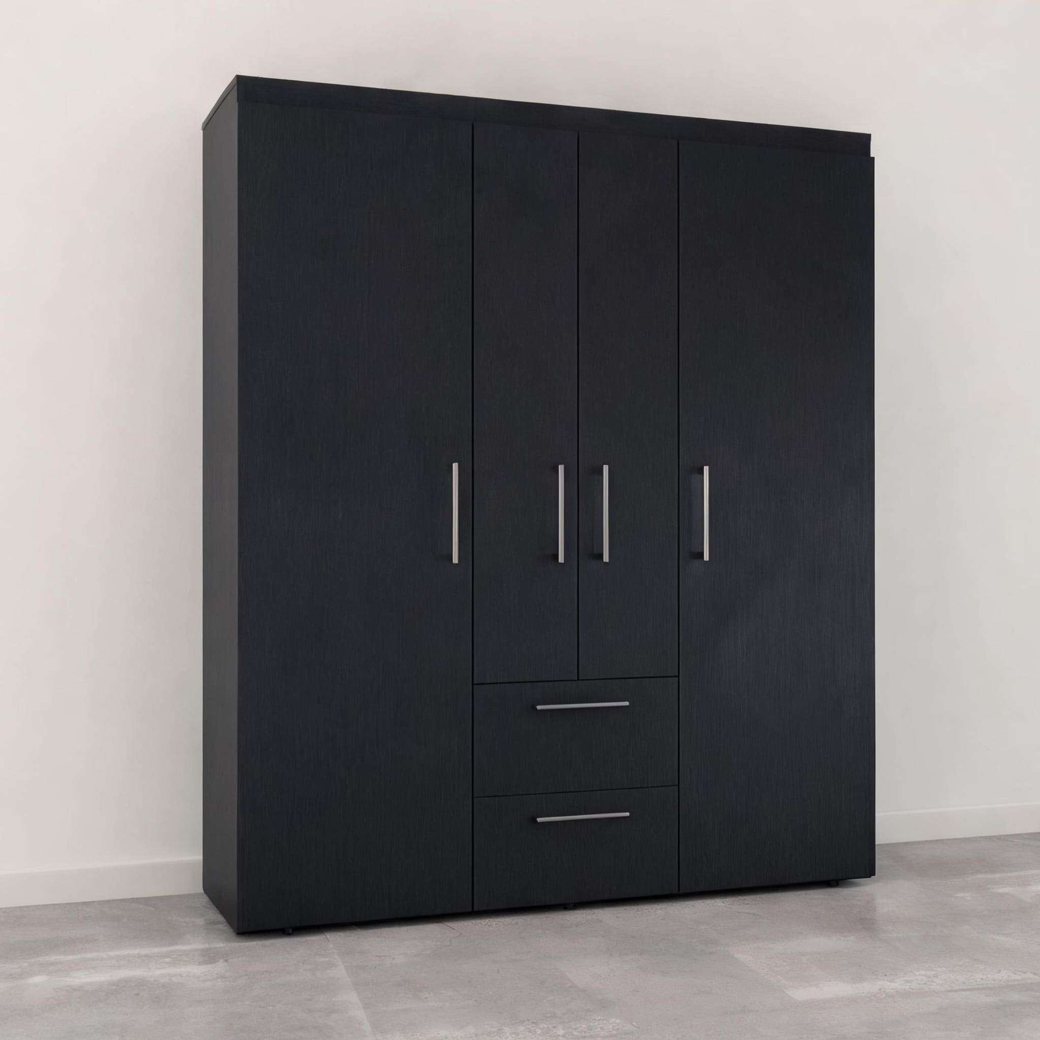 Naturefalls Bedroom Wardrobe with Deep Black Particle Board Finish Multi-Section Storage Hanging Rods Shelves and 2 Drawers
