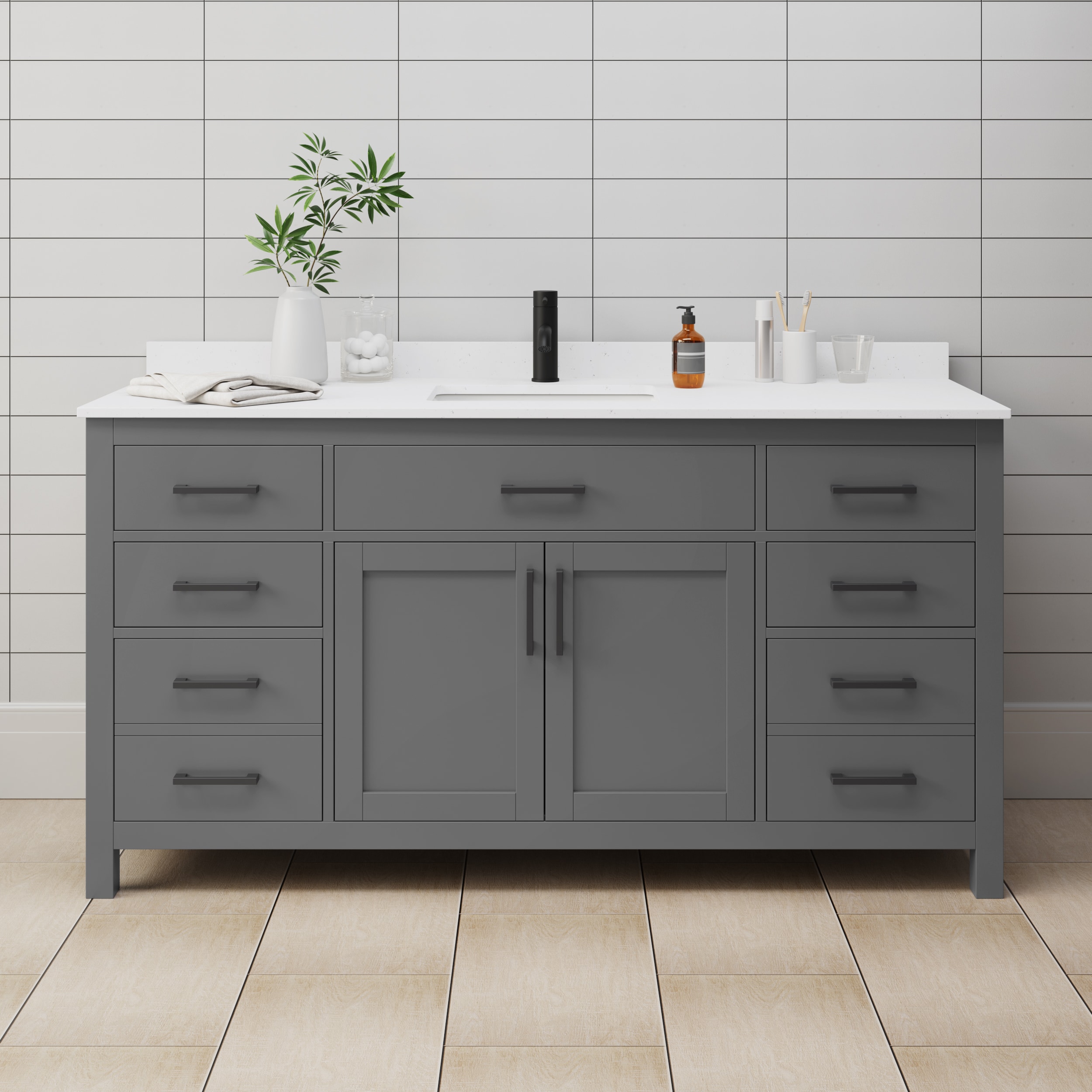 Wyndham Collection WCG242466SGBWCUNSMXX Beckett 66-in Dark Gray with Matte Black Trim Undermount Single sink Bathroom Vanity with White Cultured Marble Cultured marble Top