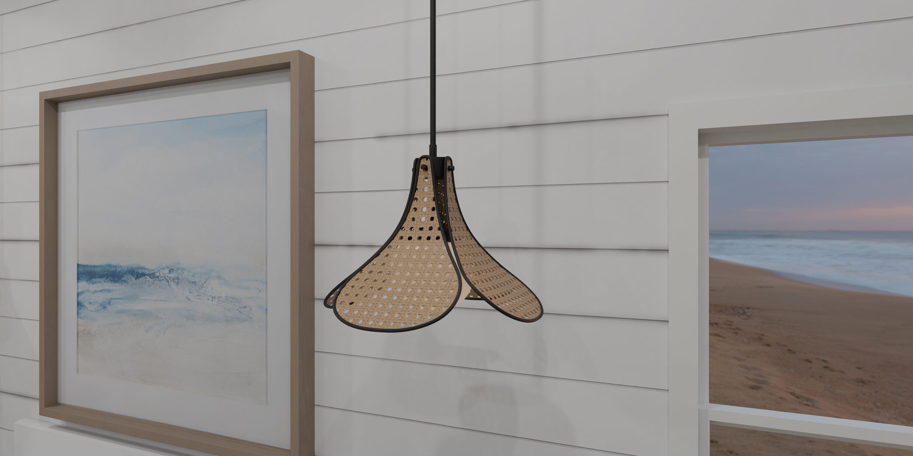 Delilah Matte Black and Rattan Globe Pendant Light