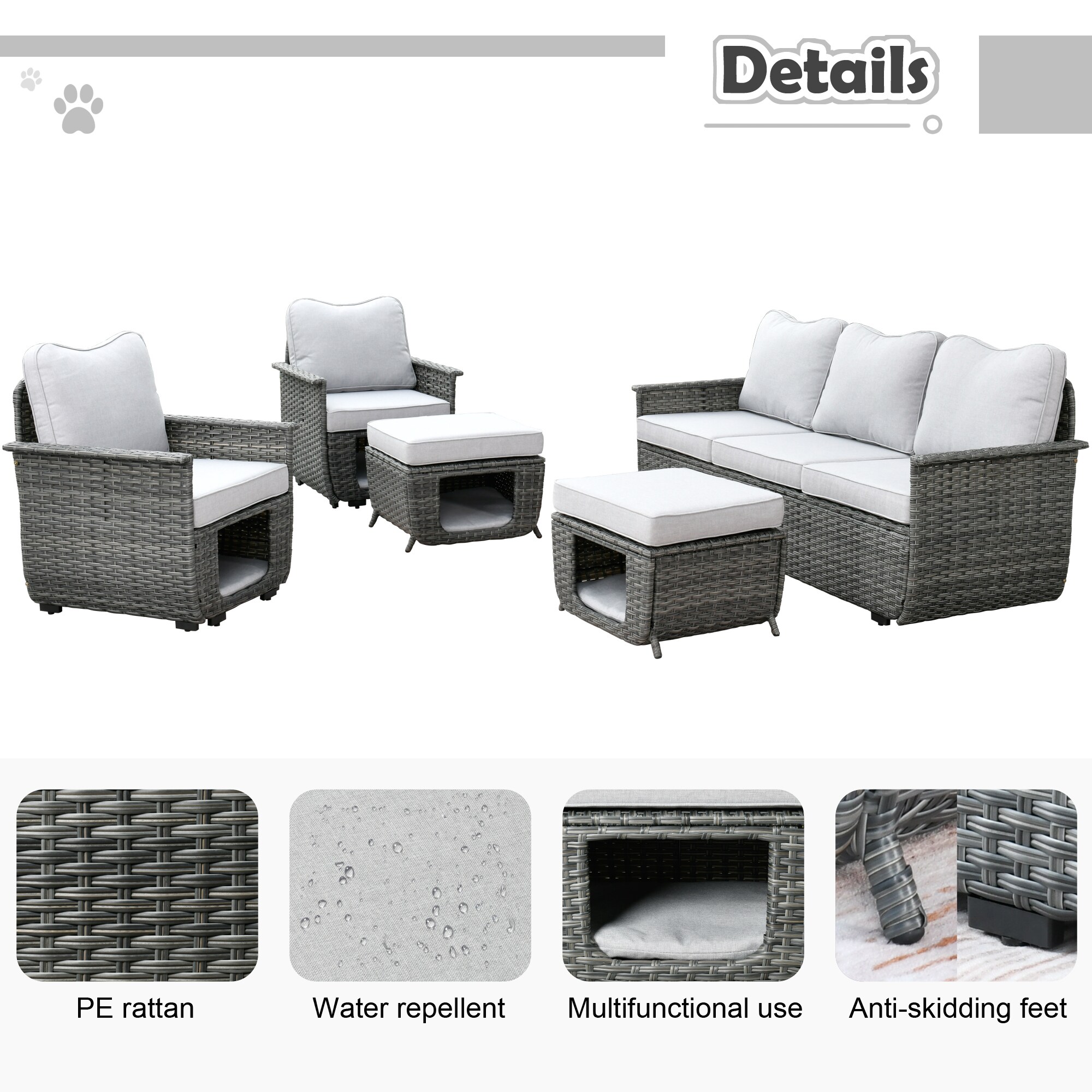 Pouuin 5-Piece Rattan Patio Sofa Conversation Set with Gray Cushions in ...