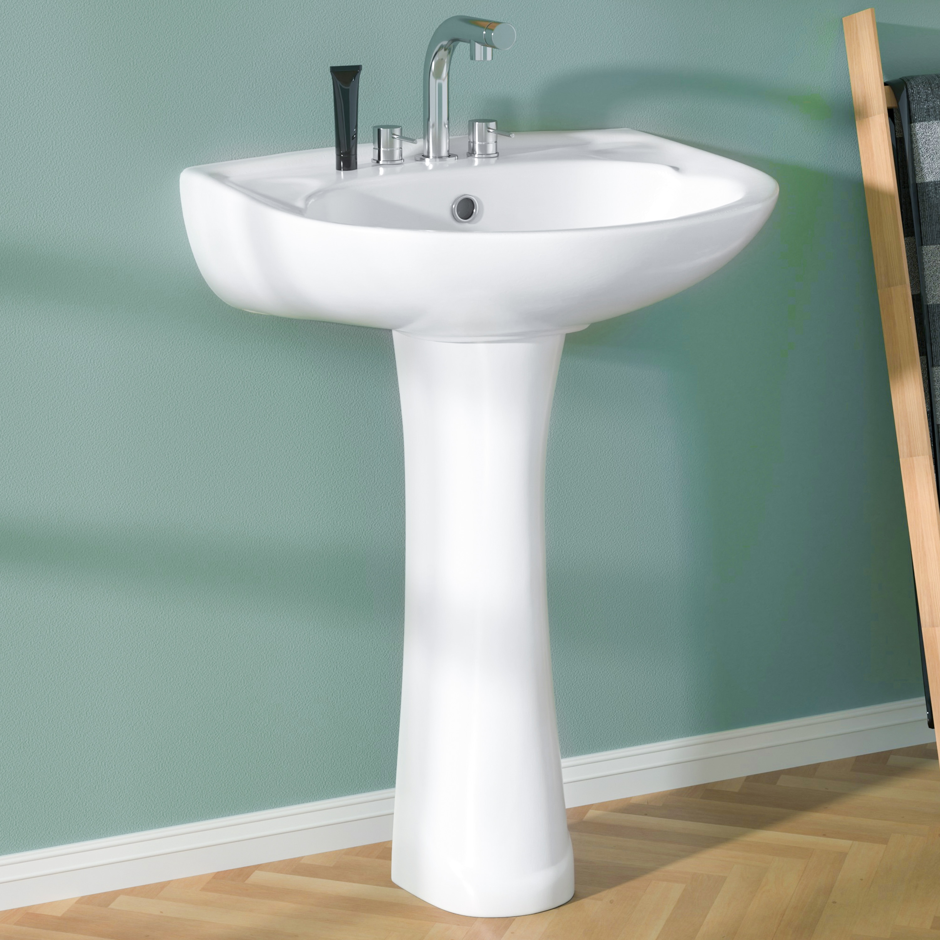 Miuara  21-in x 19-in Vitreous China White Pedestal Sink Combo for Bathroom or Laundry or Aisle with Water Blocking Edge and 3 Faucet Hole 1 Overflow