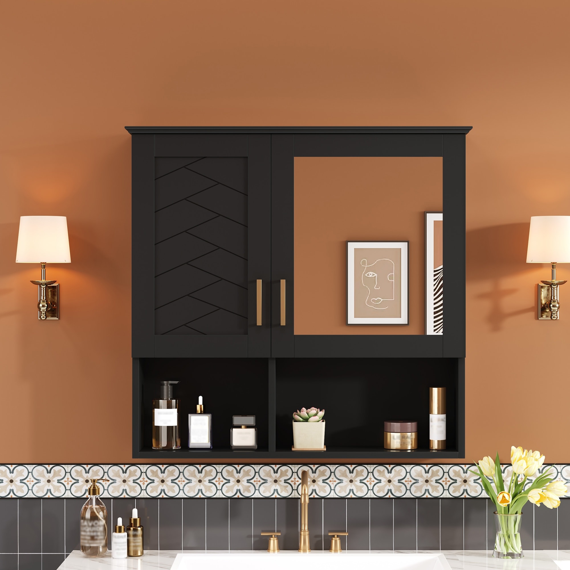 Forclover Medicine Cabinet 30-in x 29-in Surface Mount Black Mirrored Rectangle Soft Close Medicine Cabinet