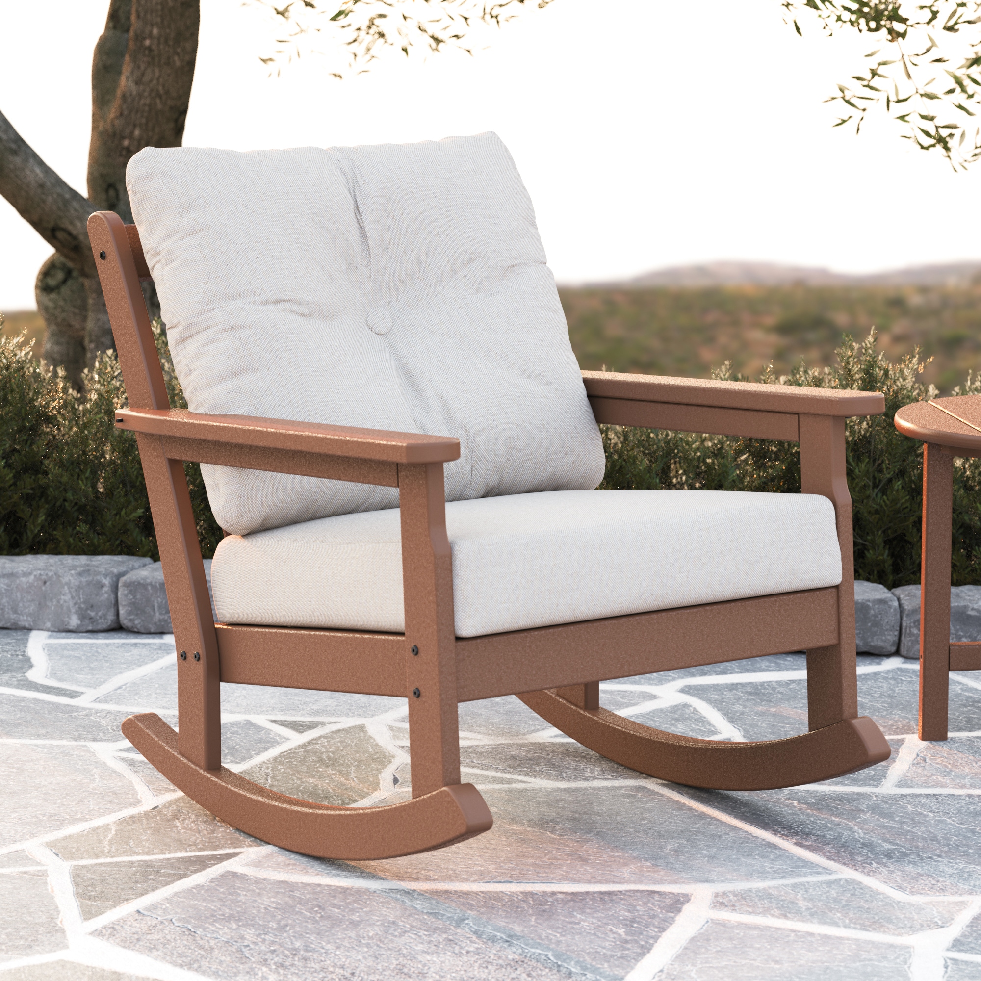 POLYWOOD GNR23TE-145999 Vineyard Teak HDPE Frame Rocking Chair with Tan Revolution Slat Seat