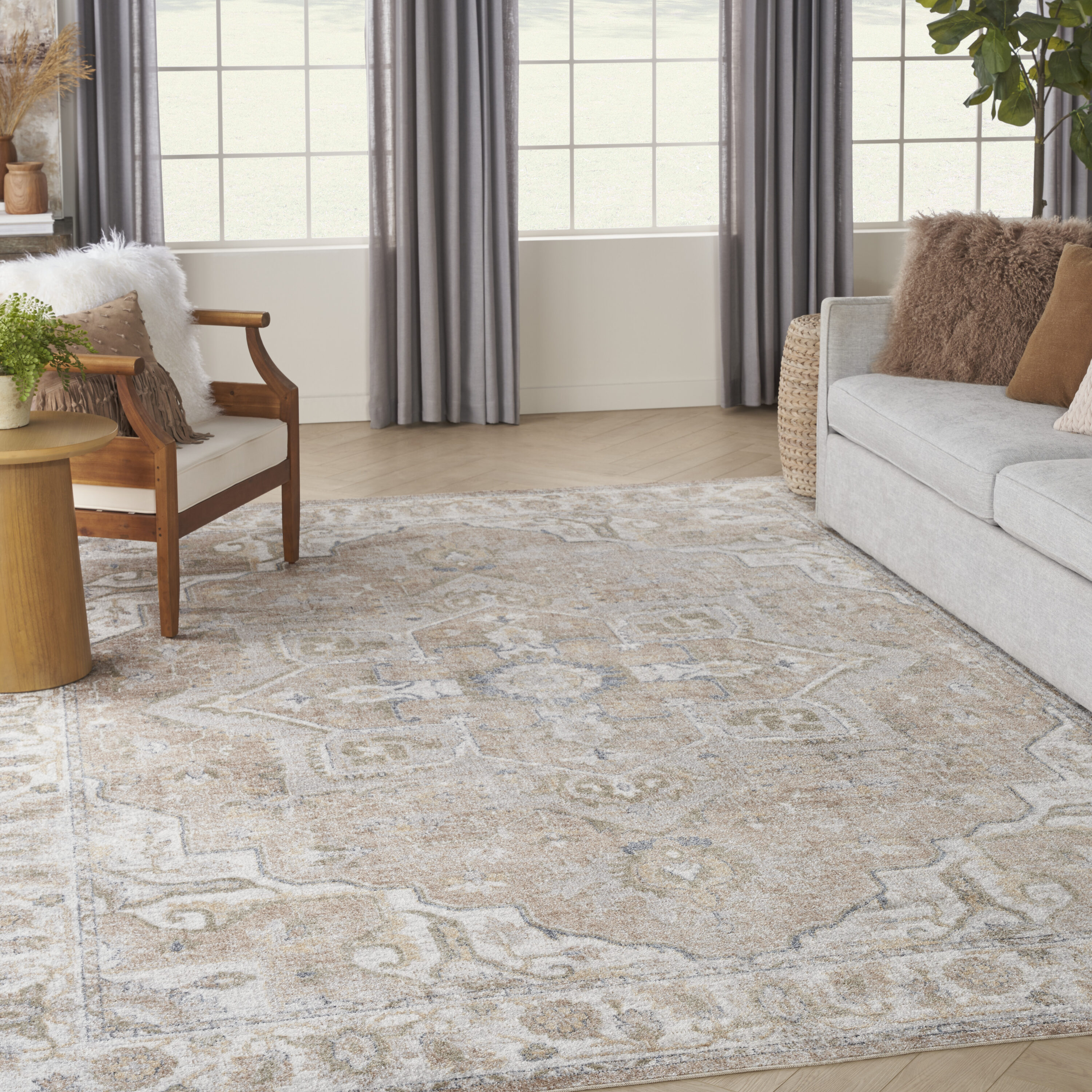 Nourison 099446125897 Astra Machine Washable 8 x 10 (ft) Loomed Polyester Beige Rectangular Indoor Distressed/Overdyed Vintage Machine washable Area rug