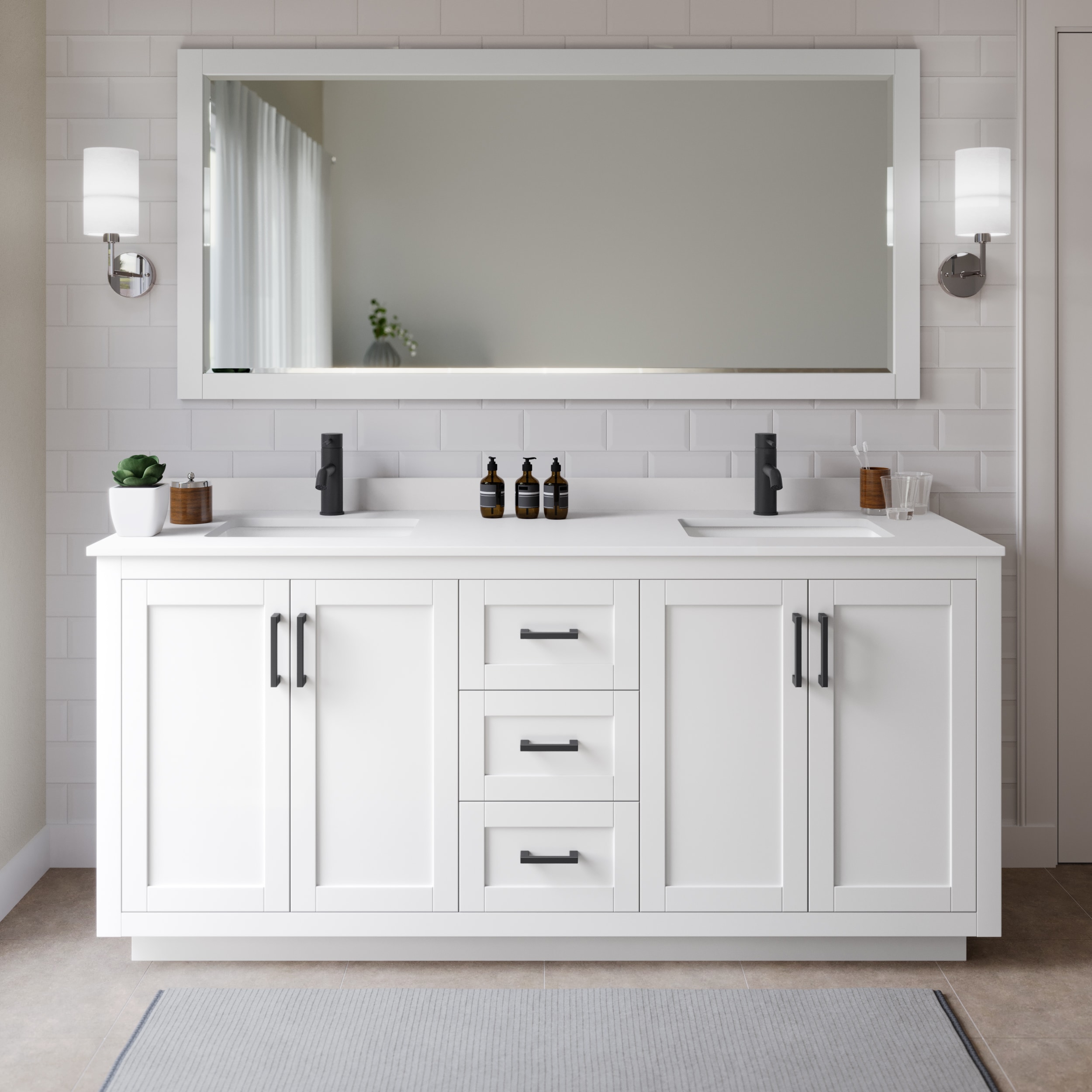 Wyndham Collection WCF292972DWBWCUNSM70 Miranda 72-in White with Matte Black Trim Undermount Double sink Bathroom Vanity with White Cultured Marble Cultured marble Top (Mirror Included)