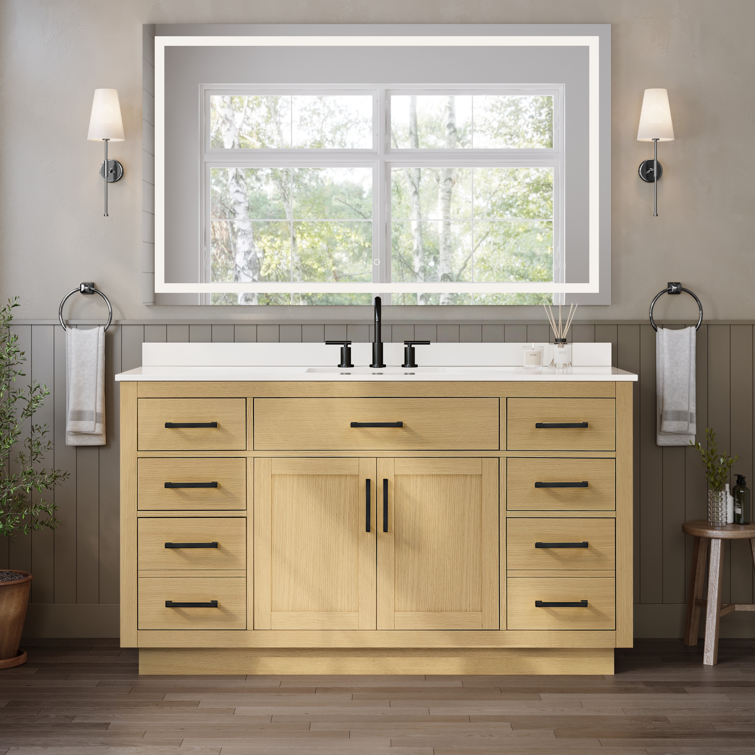 Wyndham Collection Beckett 60 Inch Single Bathroom Vanity with Toe Kick in Rift Oak, White Cultured Marble Countertop, Undermount Square Sink (3-Hole), Matte Black Trim