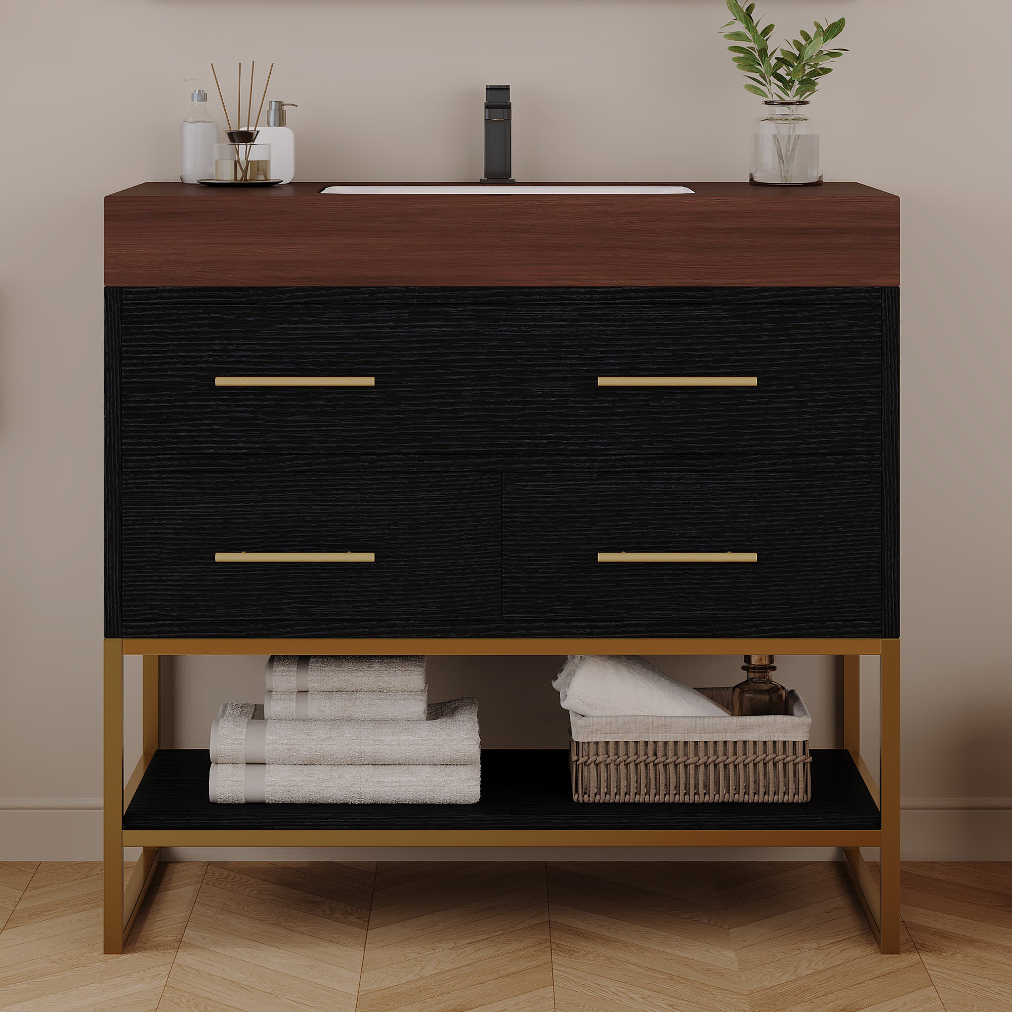 Vynxaria -  36-in Black Walnut Single Sink Freestanding Bathroom Vanity with Sintered Stone Top