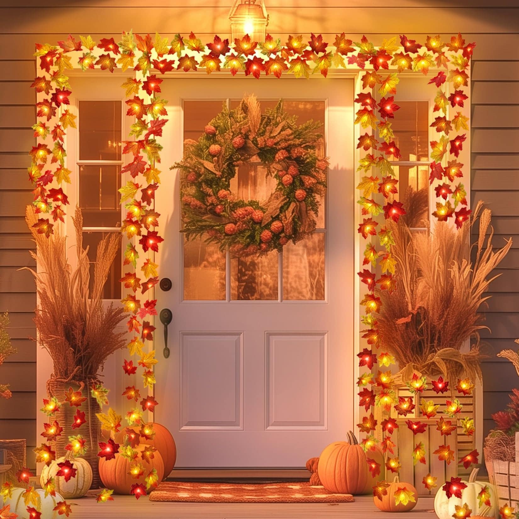 Afoxsos  2 Pack Fall Decorations Maple Leaf Lights Multicolored 20 Ft 40 LED power cell Operated Garland for Autumn Harvest Table Indoor Outdoor