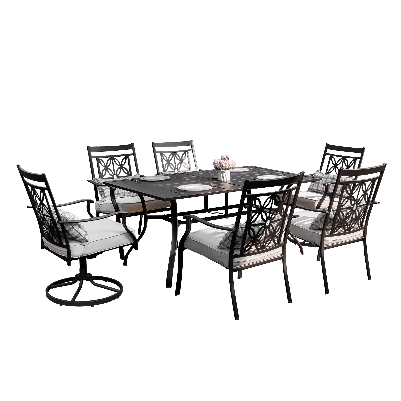 GARSING G-DININGSET-6 7-piece outdoor dining set 7 -Piece Black Patio Dining Set Steel Rectangle Table with 6 Beige Cushions Stationary Chairs
