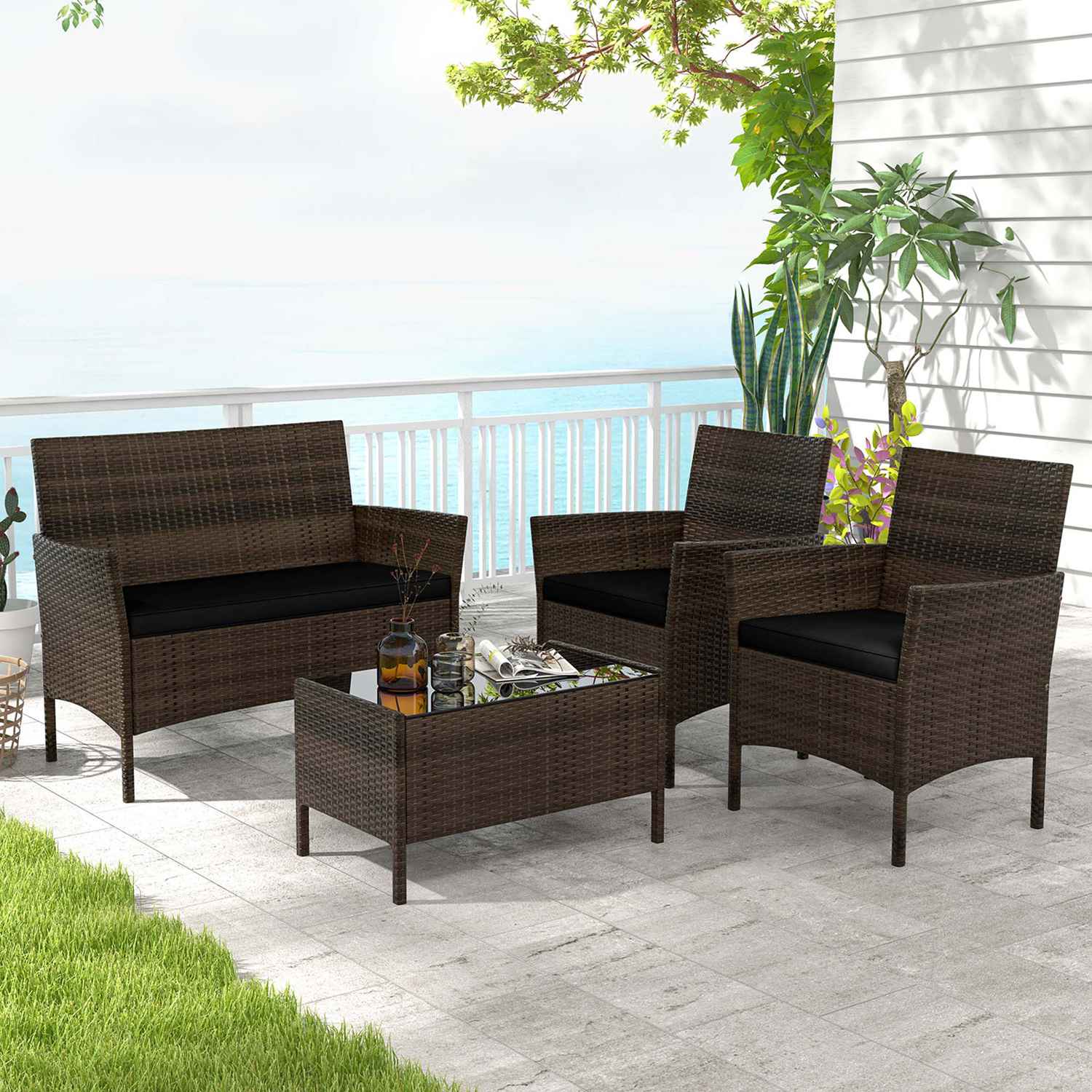 Costway HCST01304 4 PCS Patio Furniture Set with Washable Cushions and Tempered Glass Coffee Table Black