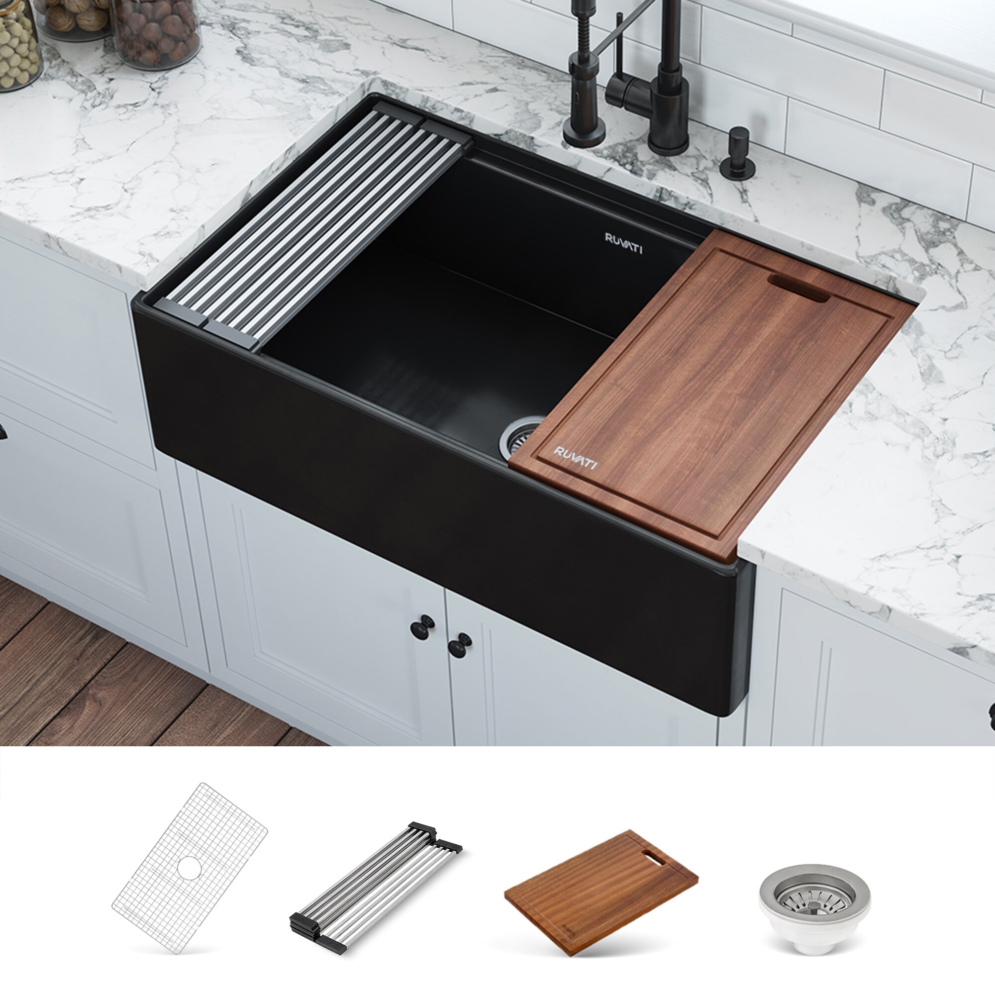 Ruvati Fiore Undermount 33-in x 18-in Fireclay Single bowl Workstation Kitchen Sink