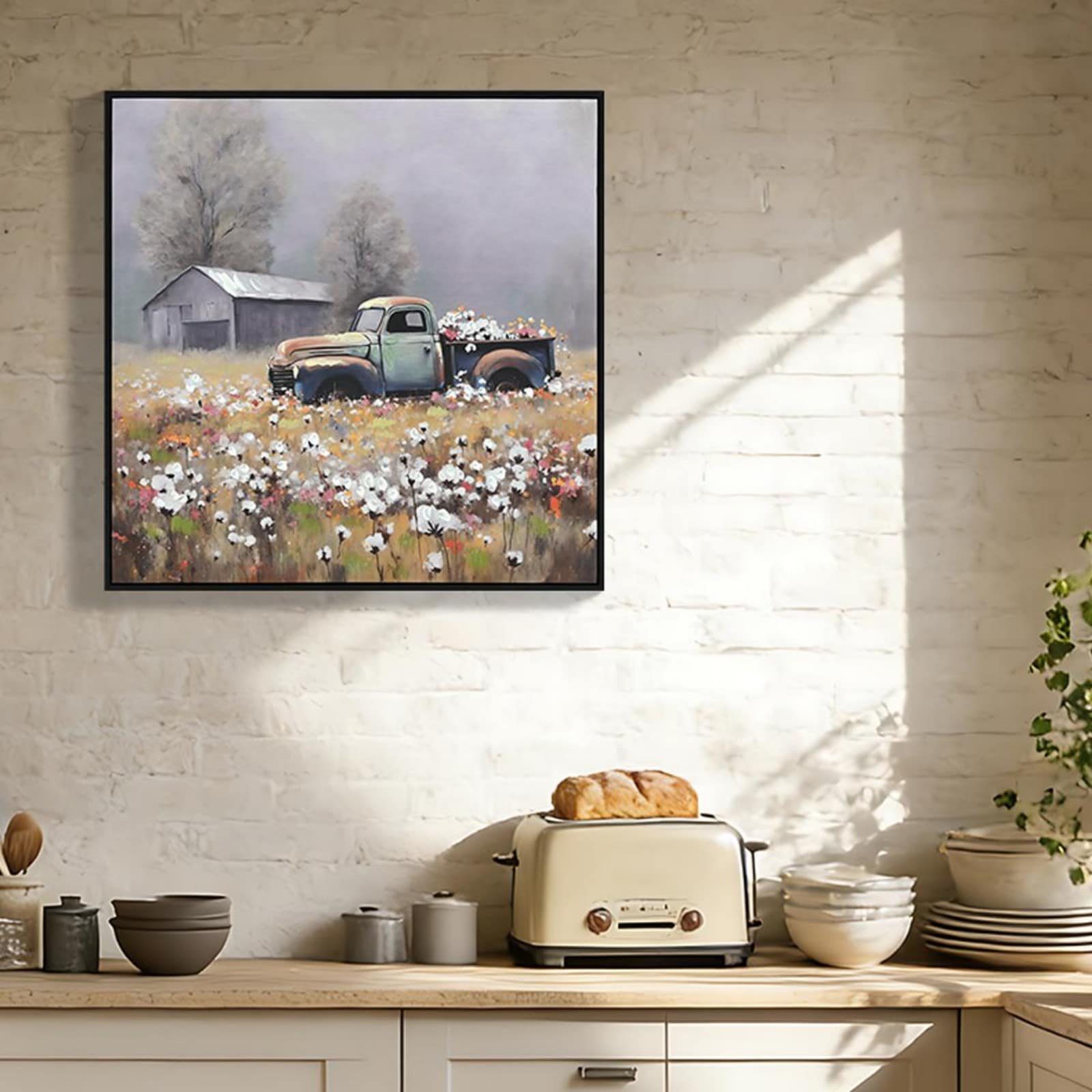 GlasFlength  Farmhouse Canvas Wall Art 24 x 24-Inch Vintage Antique Truck Rustic Barn Floral Painting Country Decor for Living Room Kitchen Bedroom Office White and Vintage