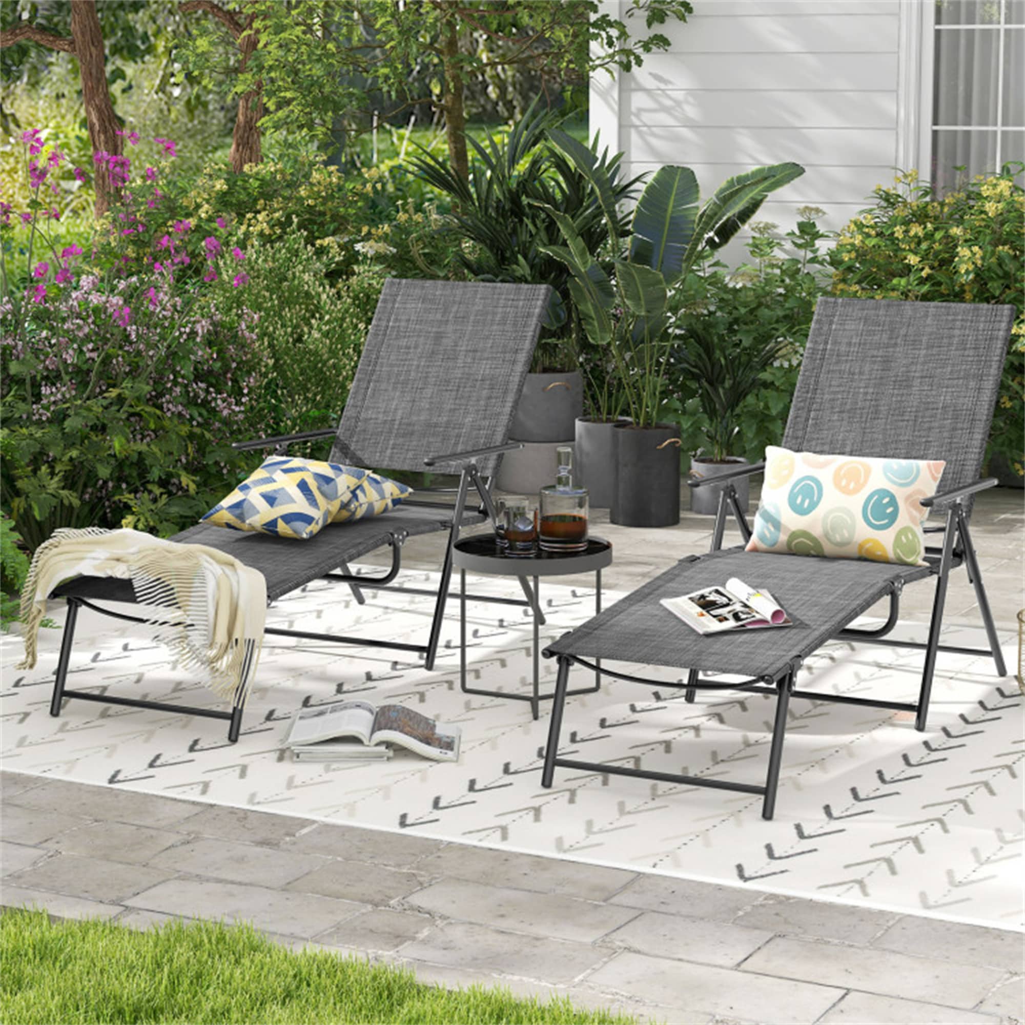Gray Metal and Fabric Folding Outdoor Chaise Lounge Chairs with Adjustable Backrest