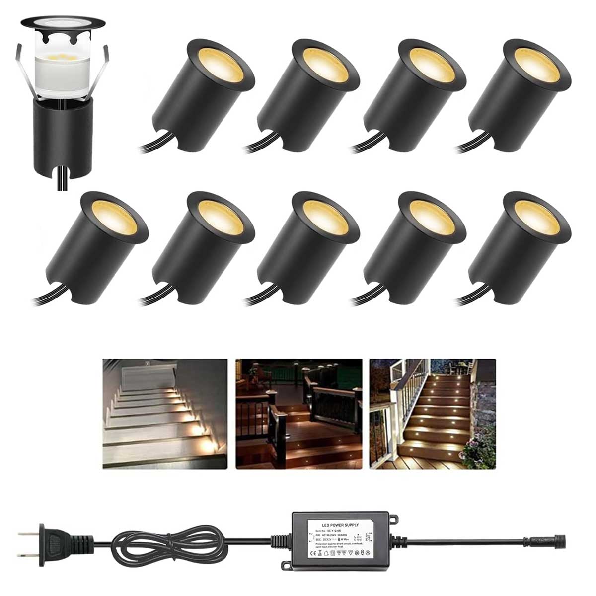 Aoibox LABZB0826103 Recessed LED Deck Lights Kits with Protecting Shell 10Pack Φ1.18 IP67 Waterproof 12V Low Voltage Embedded Step Stair Warm White Outdoor Landscape Lighting