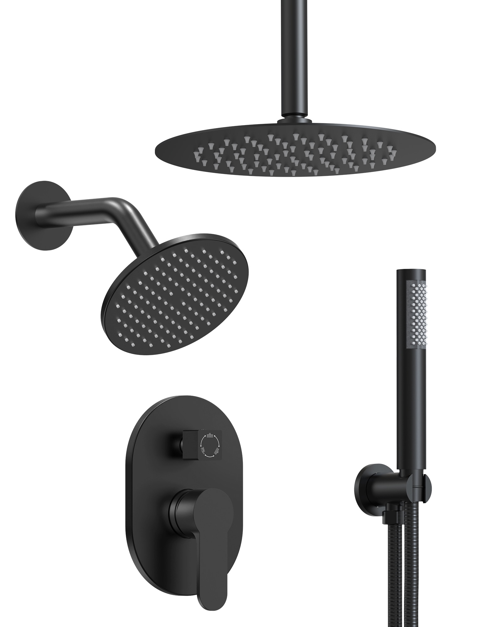 GRANDJOY FL2558-MB ClassicRain Matte Black 1-handle Multi-head 9.81-in Round Shower Faucet with Valve