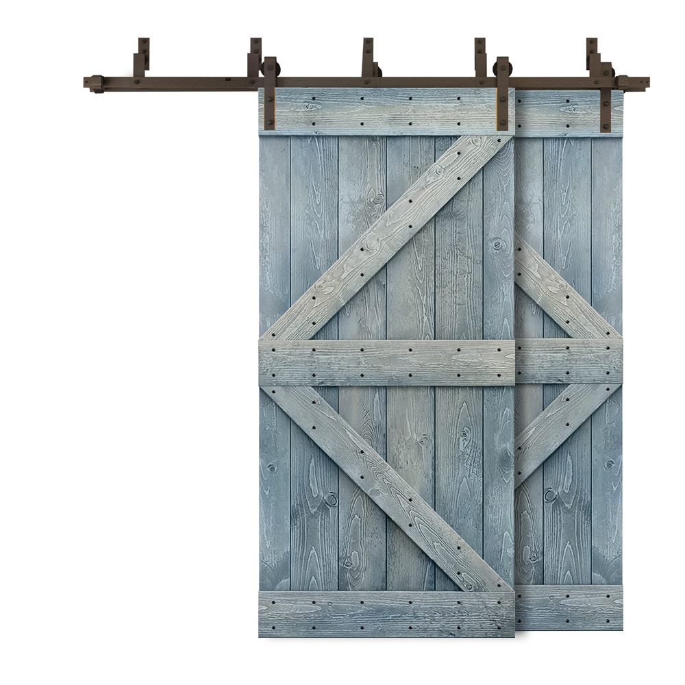 CALHOME 5XBP+S79+(2)K30L 60-in x 84-in Denim Blue K-frame Knotty pine Wood Solid core Double Bypass Barn Door (Hardware Included)