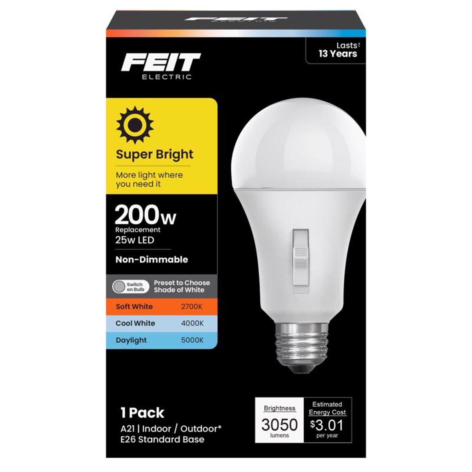 Feit Electric EJD3011404 A21 E26 Medium LED Bulb Adjustable White 200 Watt Equivalence 1 pk