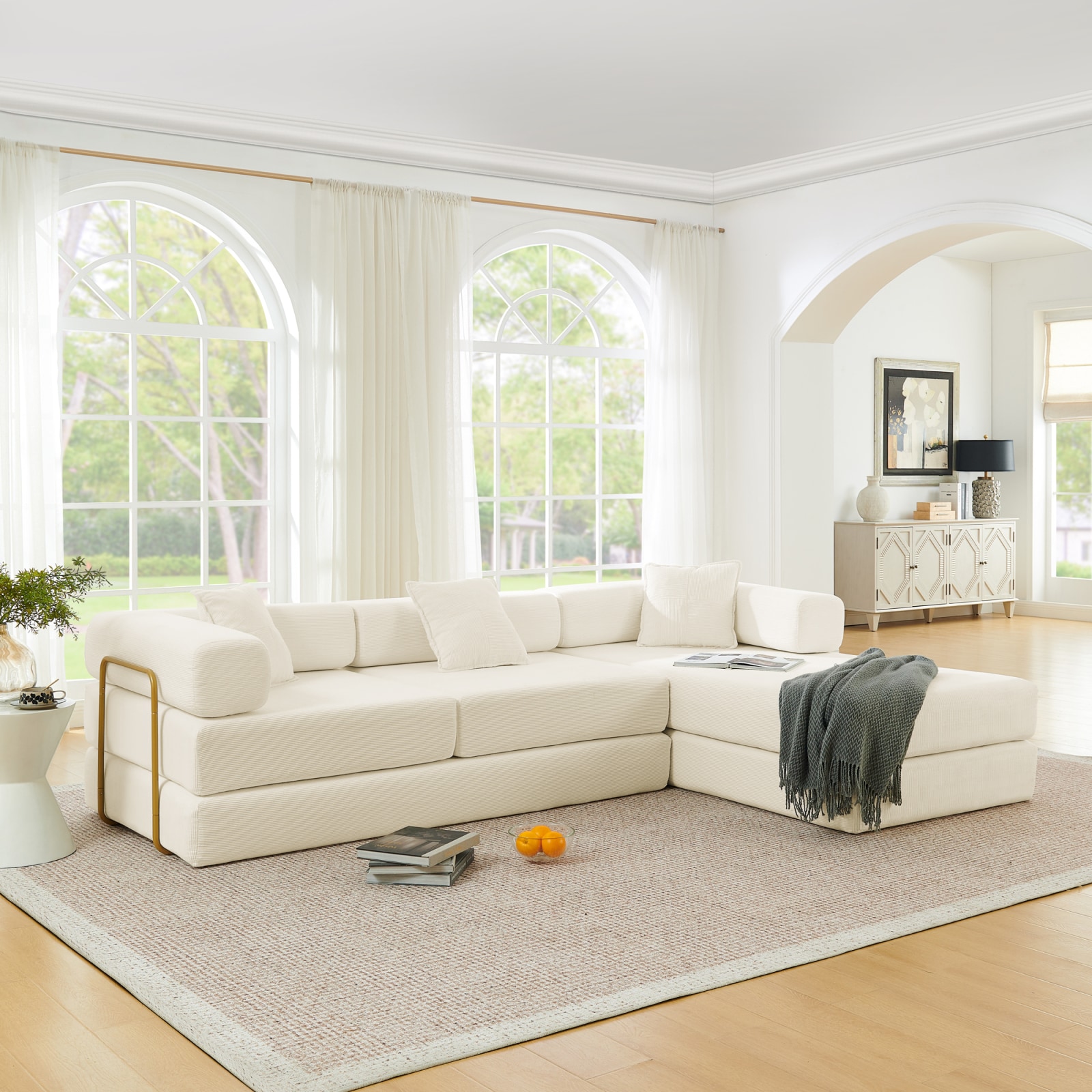 CHITA 108-Inch Modern Beige Sectional Sleeper Sofa Bed with Folding Conversion Modular Configuration Flexible Floor Seating and No Assembly Required