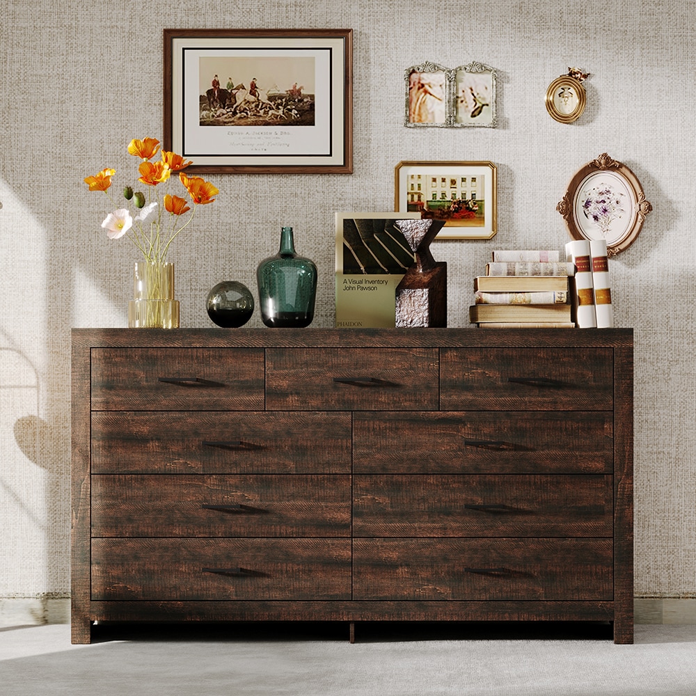Homsee  Wood Grain 9 Drawers Dresser with Black Handles and Wood Grain Finish Large Storage Dresser for Bedroom 63''L x 15.7''W x 35.4''H Brown