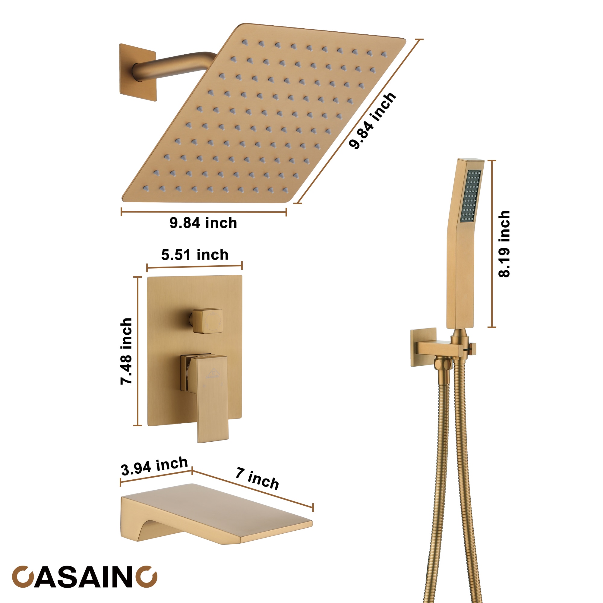 Casainc Brushed Gold 10 In Waterfall Dual Head Built In Shower Faucet