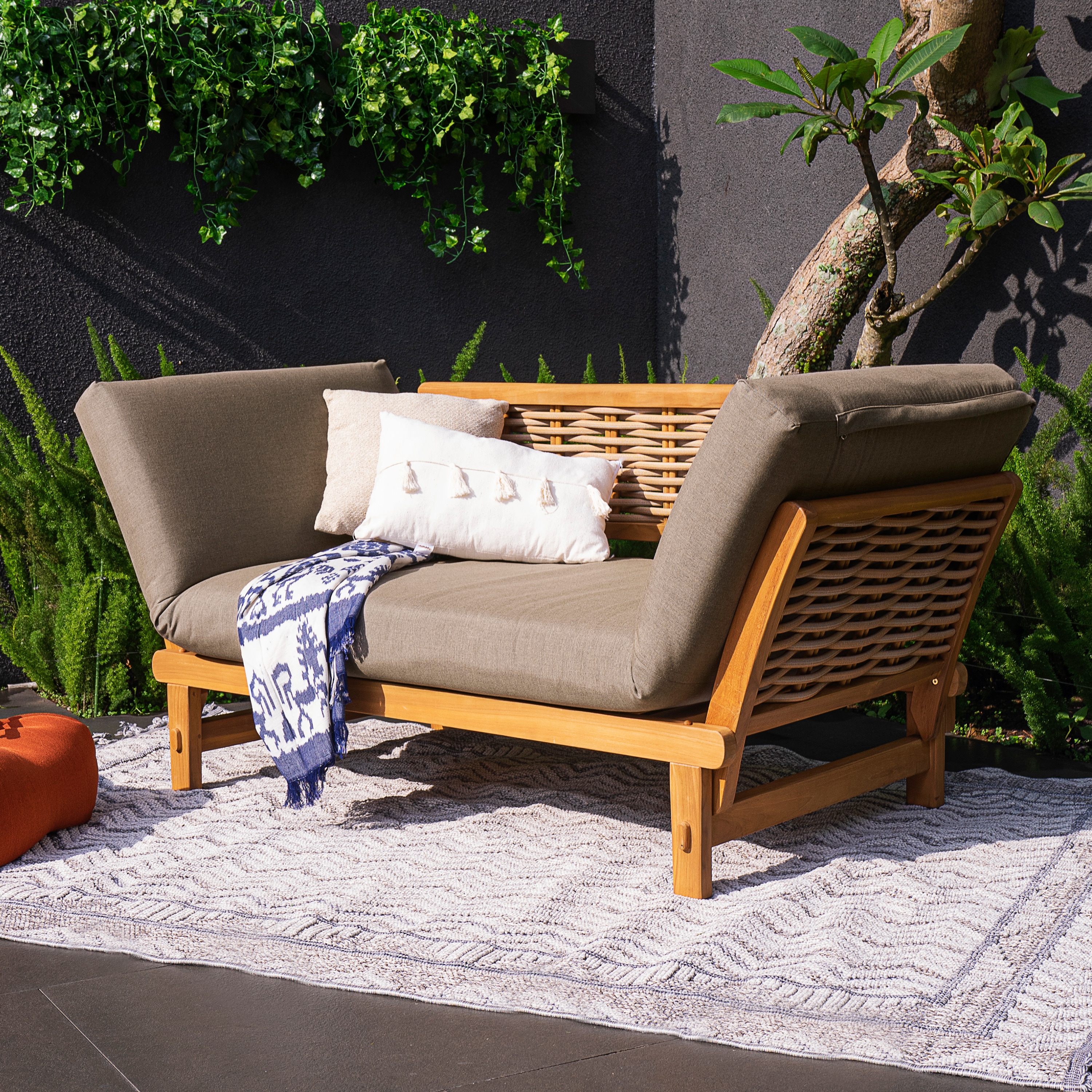 Cambridge Casual Dunham Rattan Outdoor Daybed with Gray Cushions and Teak Frame 460166 TW XX CS LB