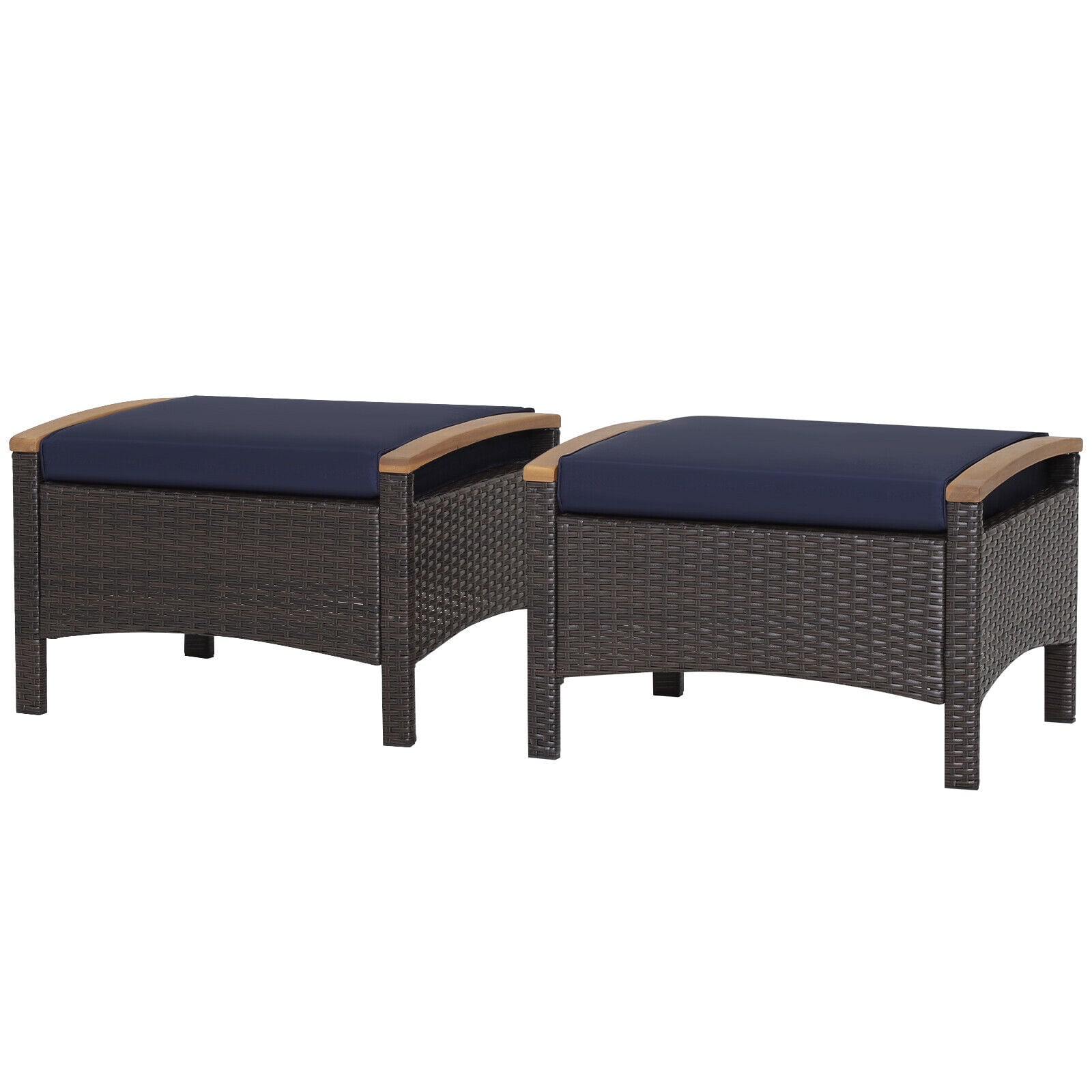 Slickblue D-CO-YN21507WH Set of 2- Outdoor Mix Brown PE Rattan Rectangle Ottoman with Brown/ White/ Red/ Navy Cushions for Patio Garden Balcony Poolside Seating