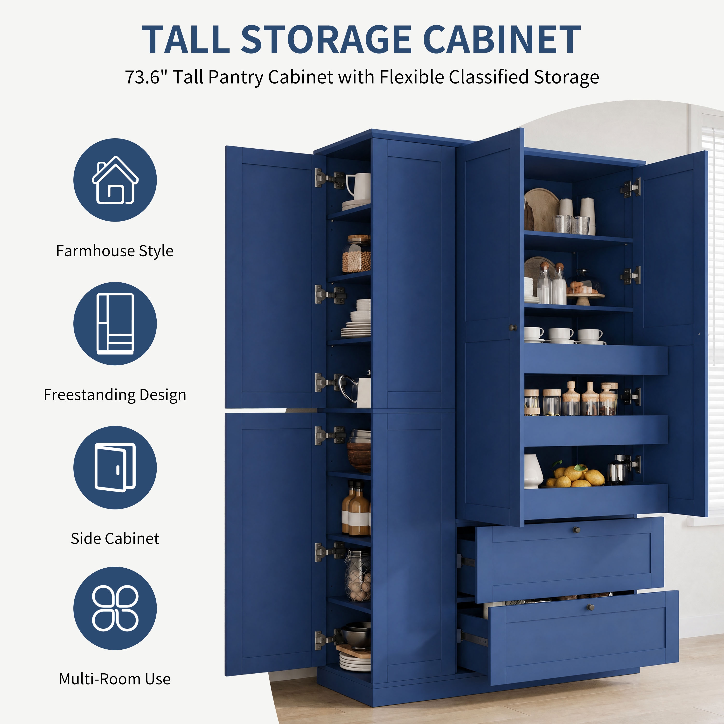 Vynxaria Blue Freestanding Kitchen Pantry Cabinet 44.4-in W x 73.6-in H ...