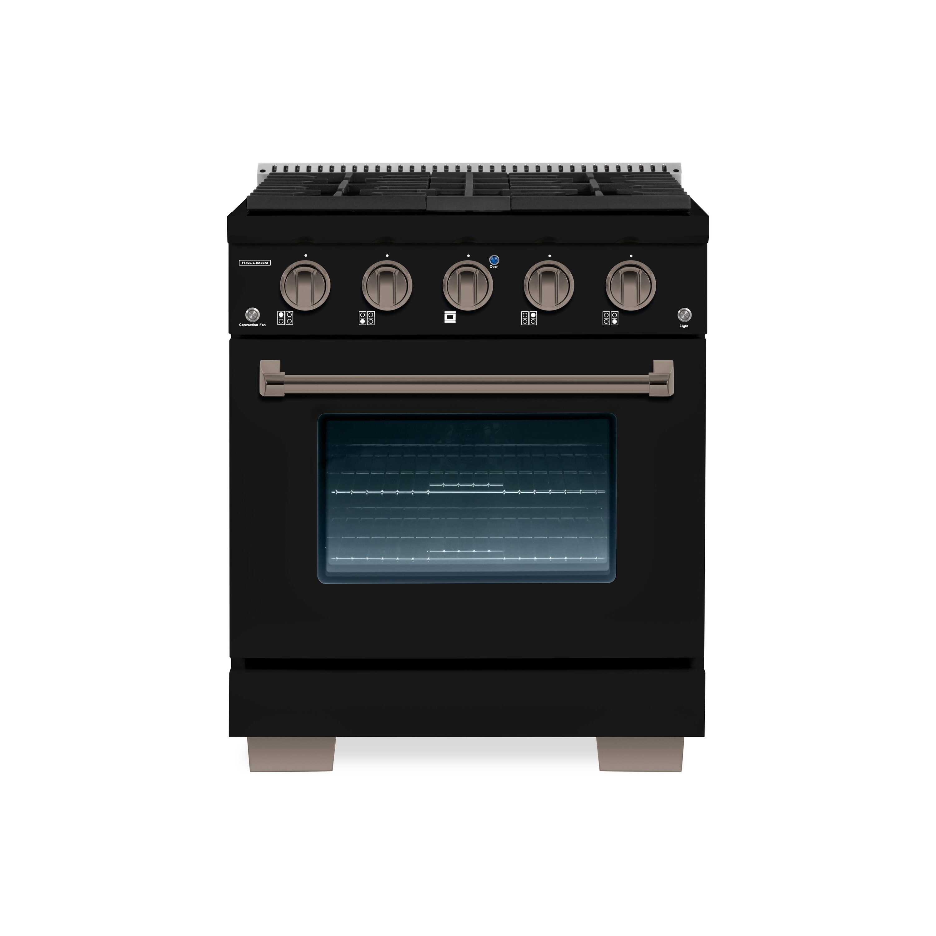 Hallman HBRDF30BZGB BOLD 30-in Freestanding Dual Fuel Range with NG Gas Stove + Electric Oven GB RAL 9005 with Bronze Trim