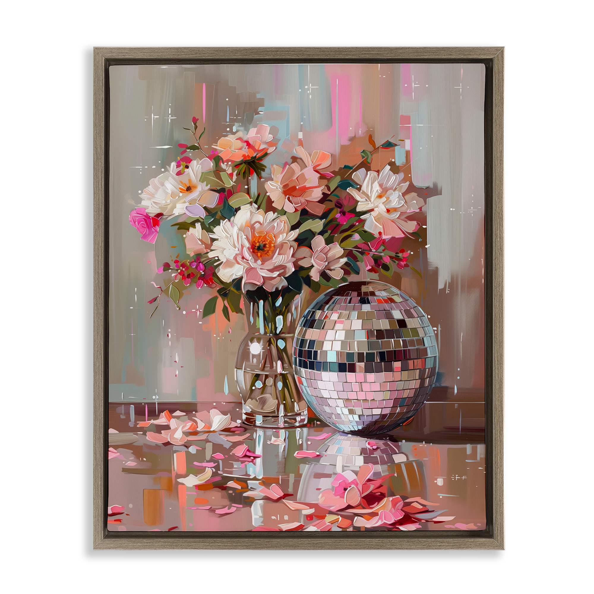 Stupell Industries BT-622-FFE-16X20 Disco Ball and Flowers Still Life Brown Framed Floater Canvas Wall Art By Arlington Prints 17 x 21
