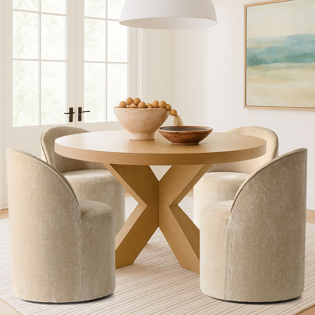 Maison Boucle DORIS-CHAIR-BRIE-4 Set of 4 Modern Brie Armless Barrel Dining Chairs with Upholstered Seat Curved Back and Casters