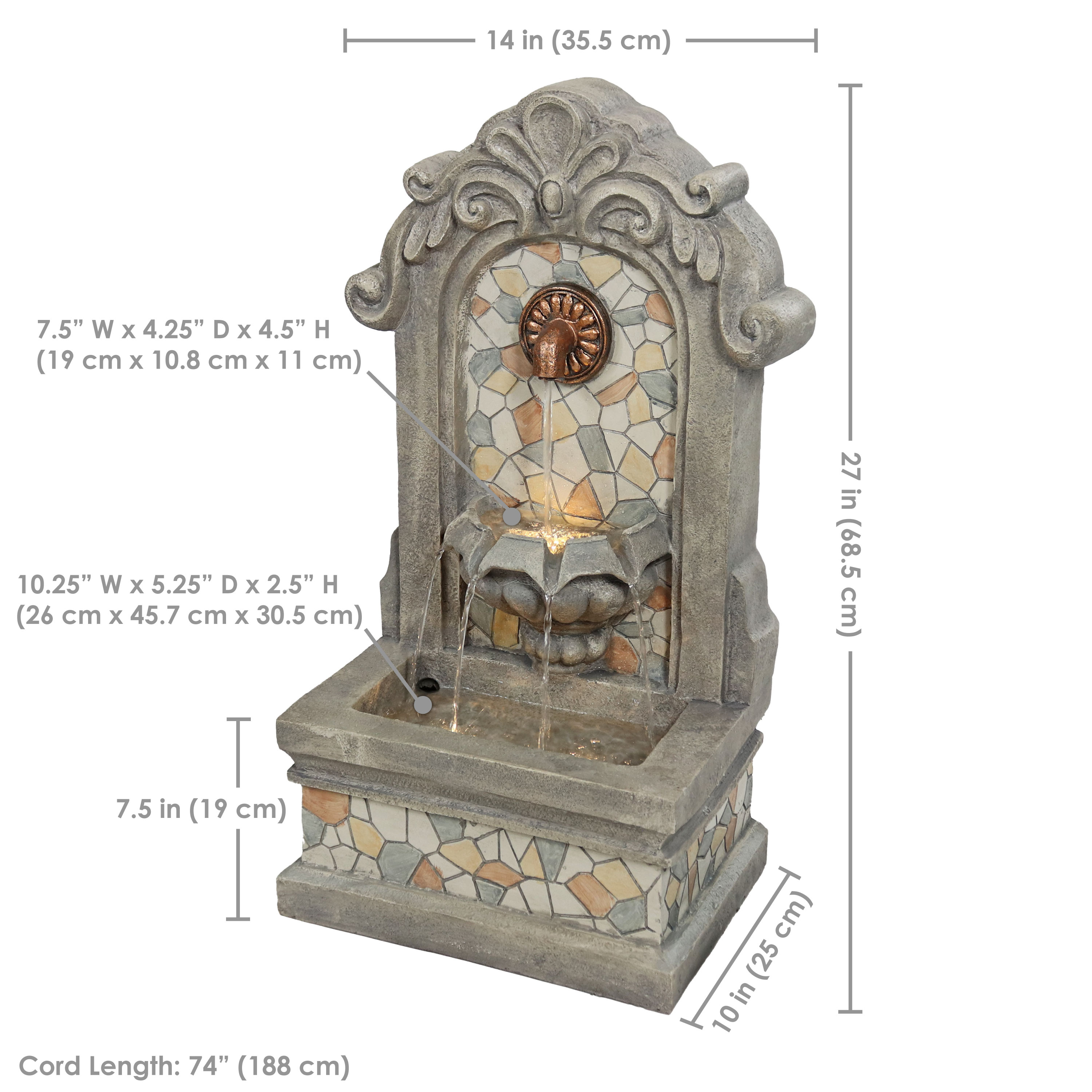 Gray Polyresin Outdoor Wall Fountain with LED Light