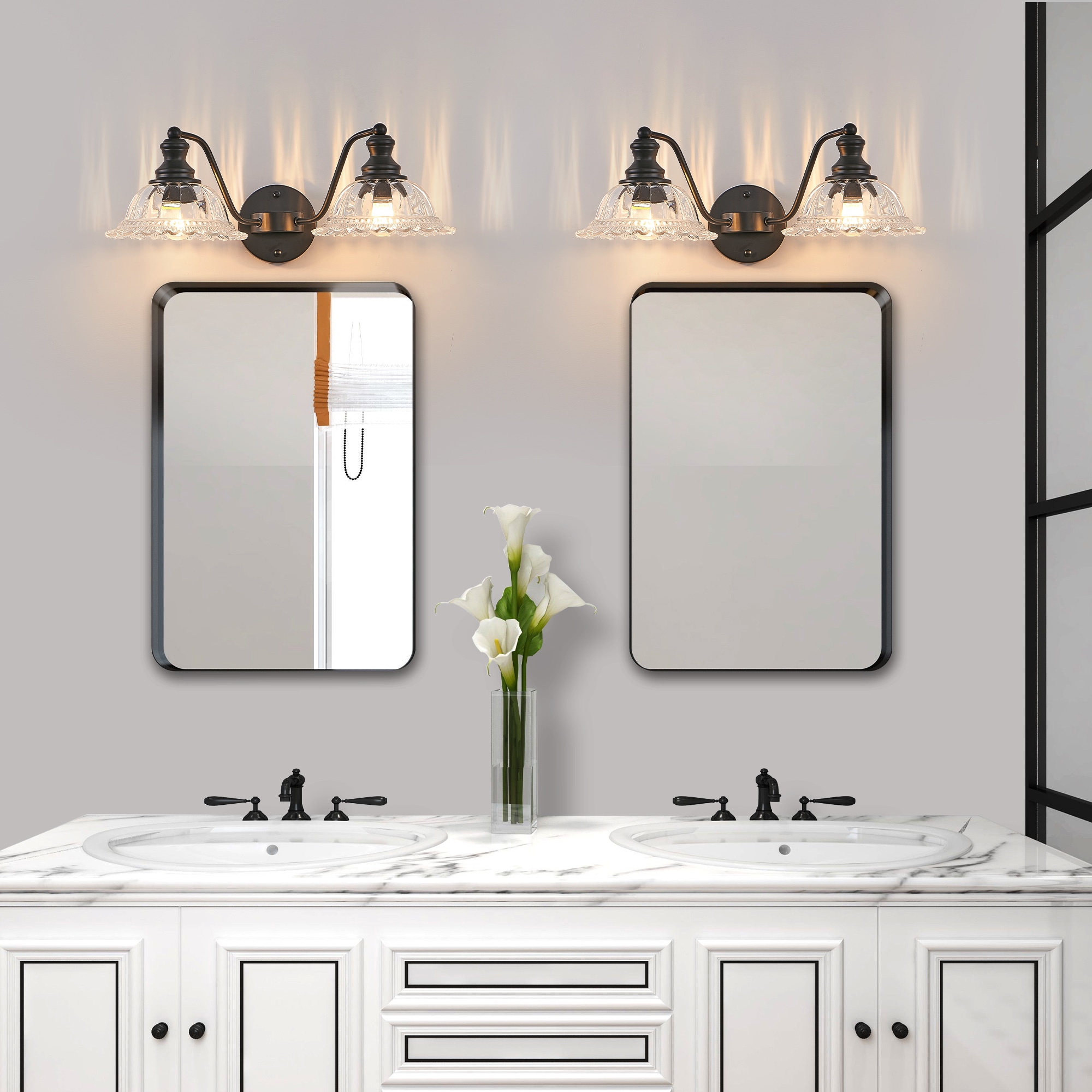 Tinyhomie 20 Inch 2 Light Vintage Bathroom Wall Sconce Elegant Black Metal and Glass Lampshade Vanity Light Bulb Not Included