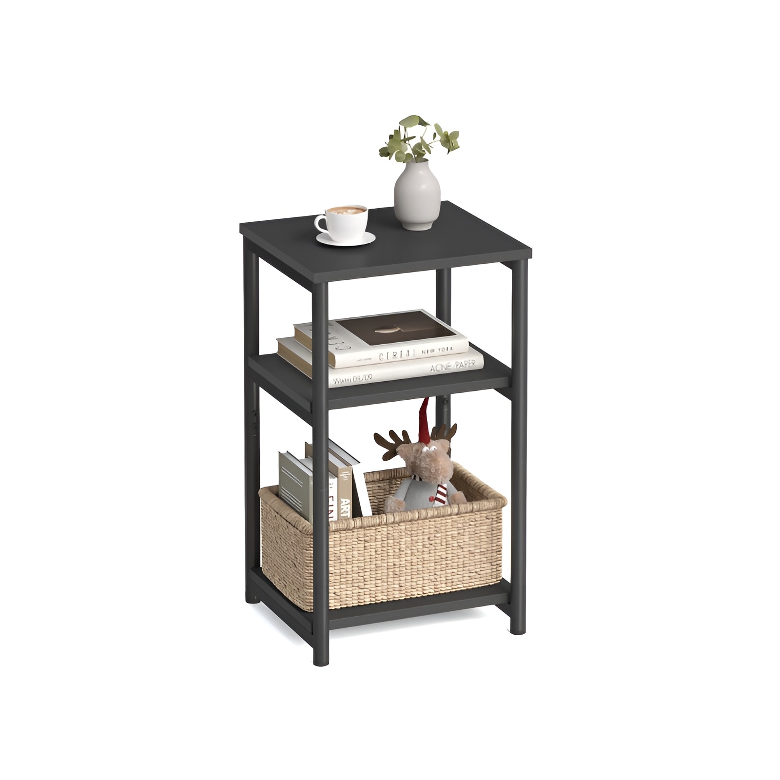 Slickblue D-SM-61B372TELU Compact 3-Tier Living Room Table - 13.4W x 22.8H Particleboard Rectangular Industrial End Table with Integrated Storage - Rustic Brown/Black