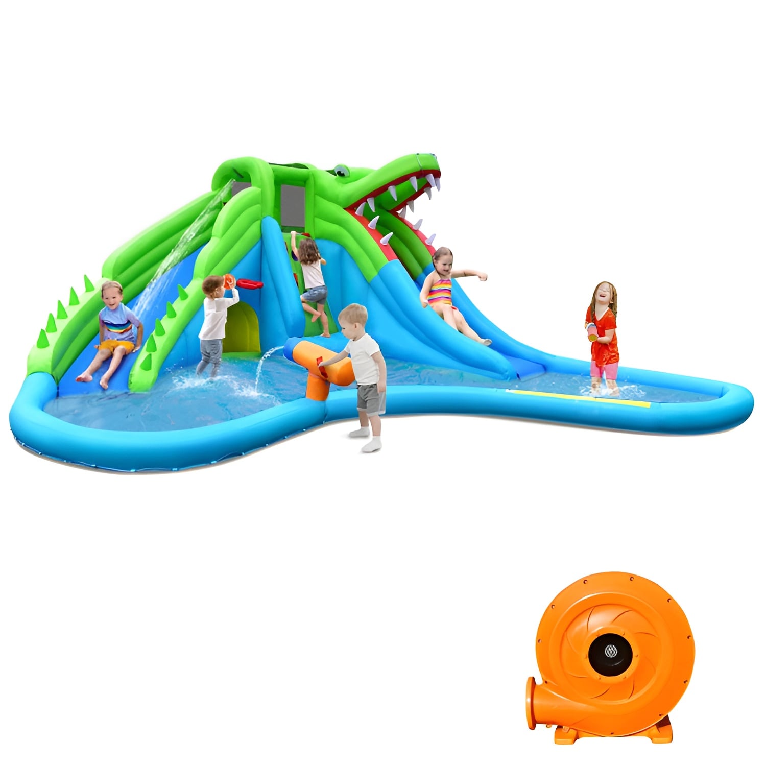 Slickblue D-CO-41301PN 224.5 inch- Inflatable Crocodile Water Slide – Oxford Cloth PVC – Outdoor Bounce Castle with Double Slides Splash Pool for Backyard Fun with 780W Blower- Blue