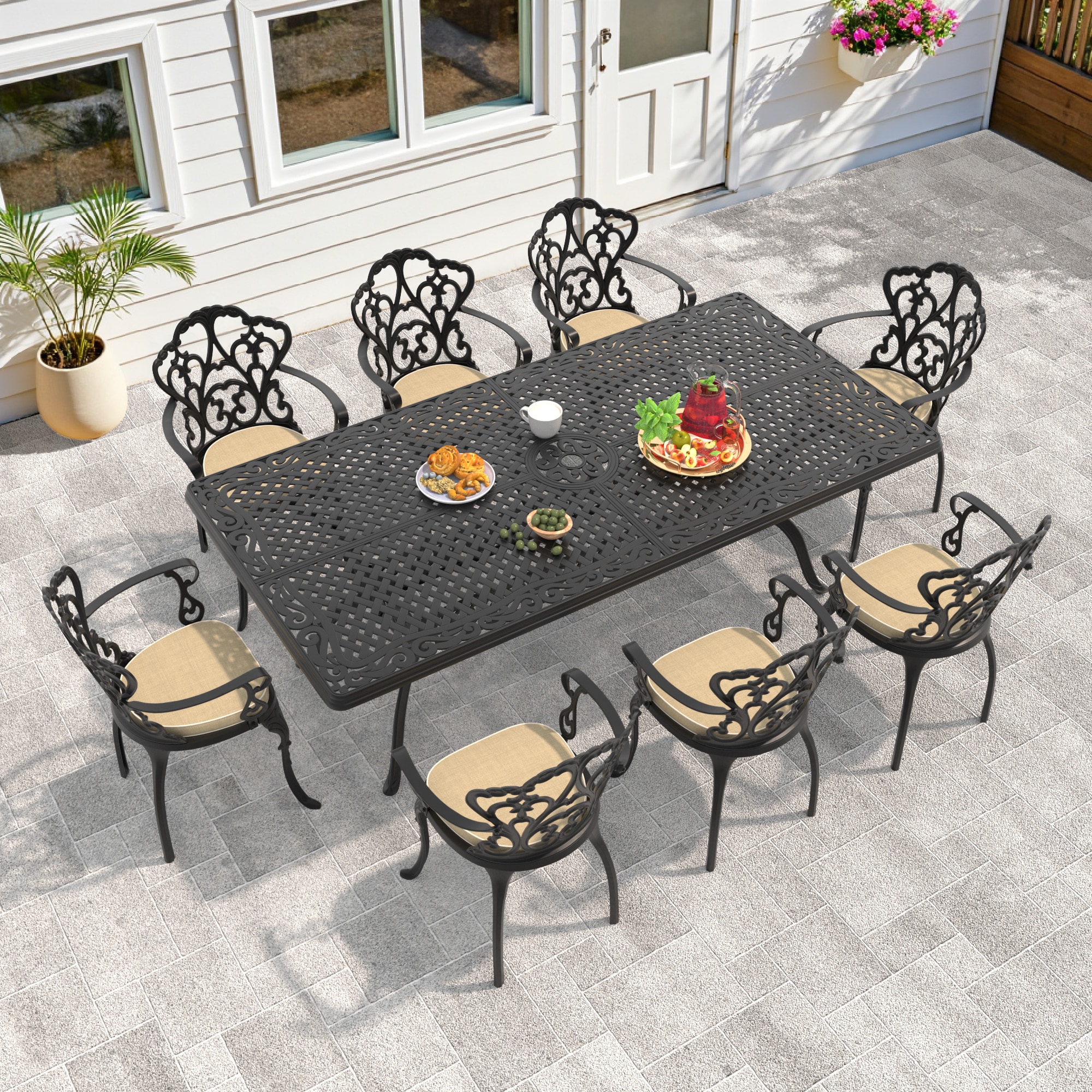 nicesure SLBK6047CZ8A1175RC 9 -Piece Black Patio Dining Set Aluminum Rectangle Table with 8 Cushions Stationary Chairs
