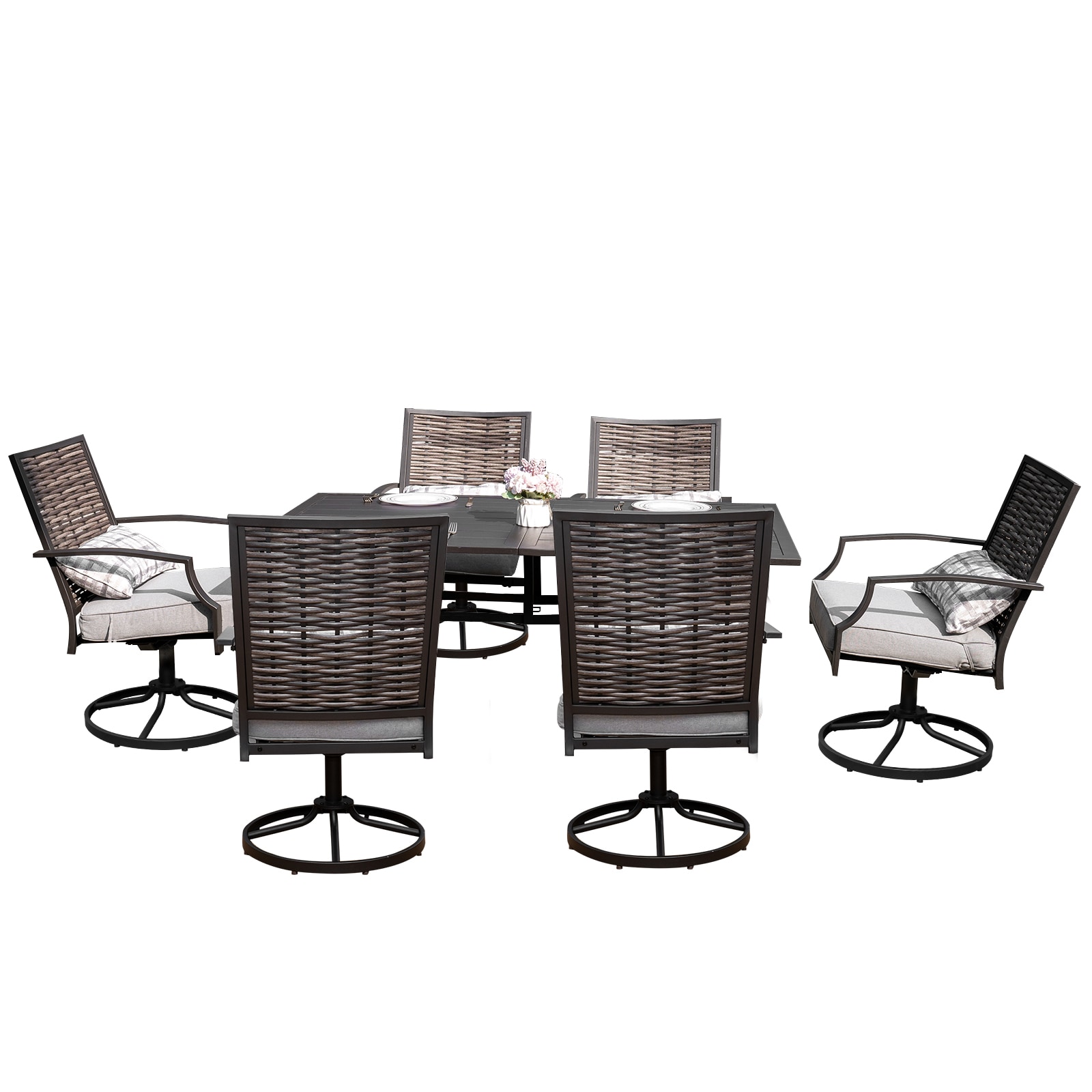GARSING G-DININGSET-2 7-piece outdoor dining set 7 -Piece Black Wicker Patio Dining Set Steel Rectangle Table with 6 Gray Cushions Swivel Chairs